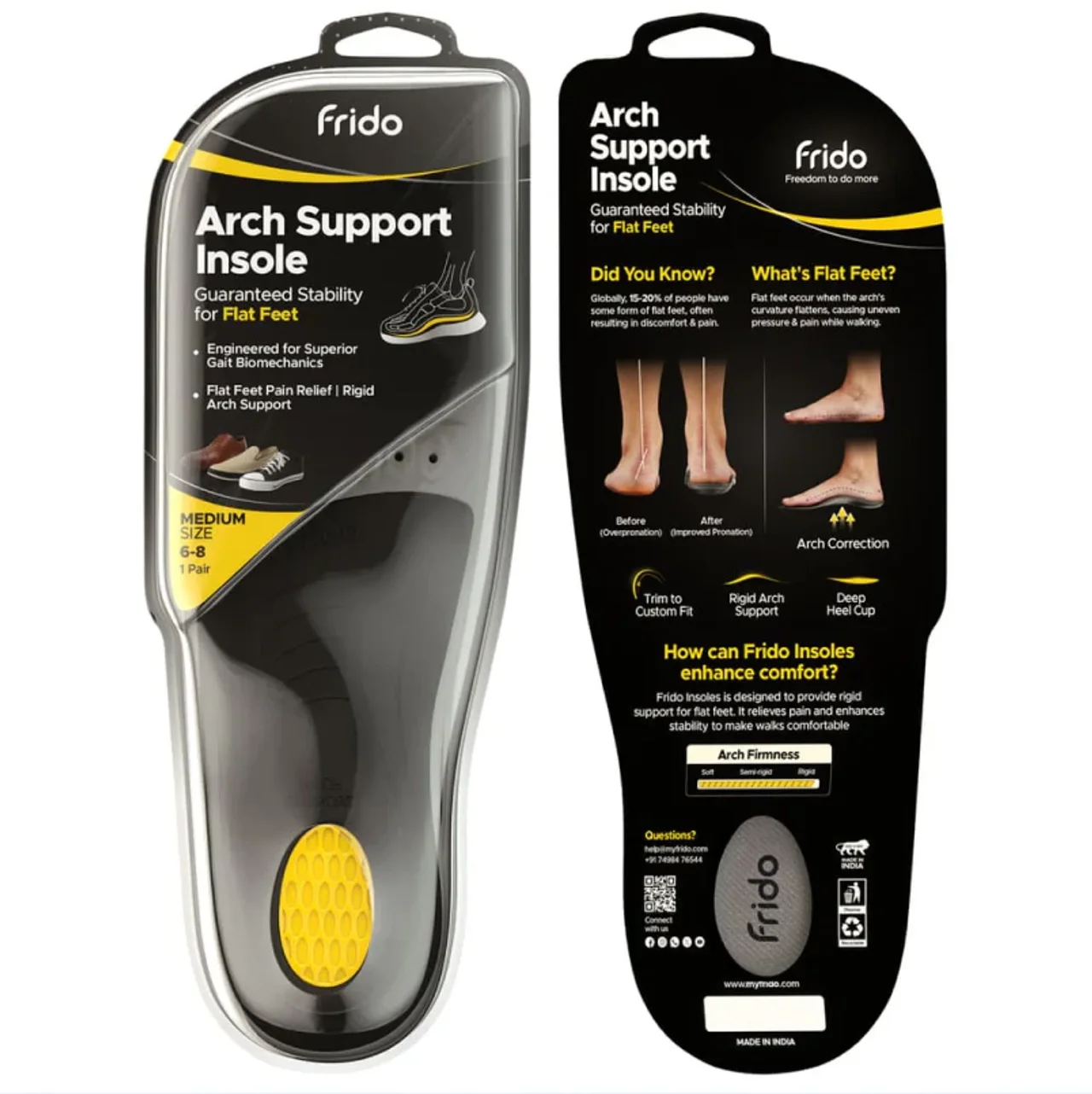 Frido Rigid & Semi Rigid Arch Support Insole for Flat Feet | Relieves Feet Pain | Plantar Fasciitis & Heel Spurs | Orthotic Inserts for Stability | Trimmable Shoe Inserts | Small 3-5 UK | Pack of 1