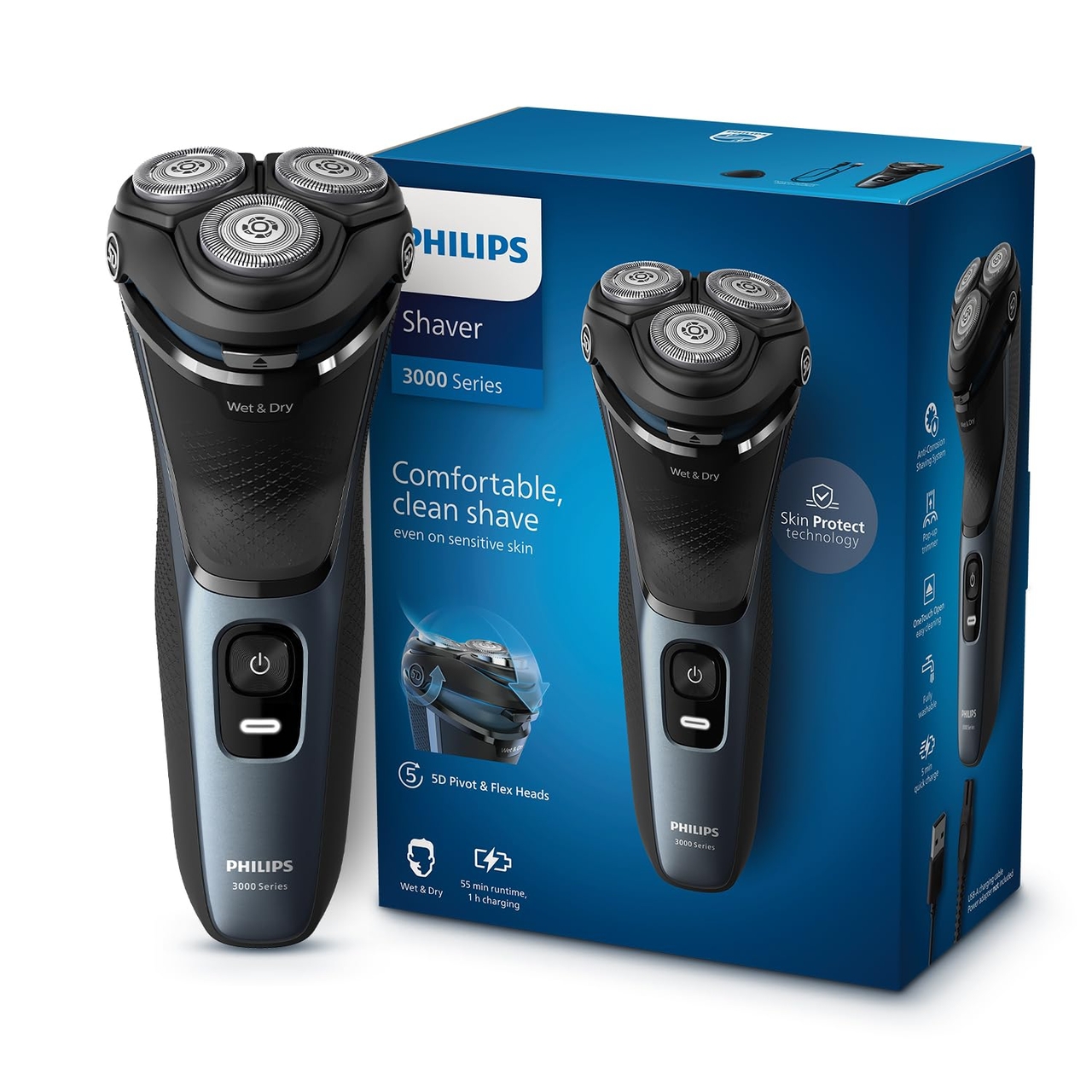 Philips Electric Shaver for Men Skin Protect Technology Wet and Dry Shave 5D Floating Heads Cordless Waterproof (S3144/03)