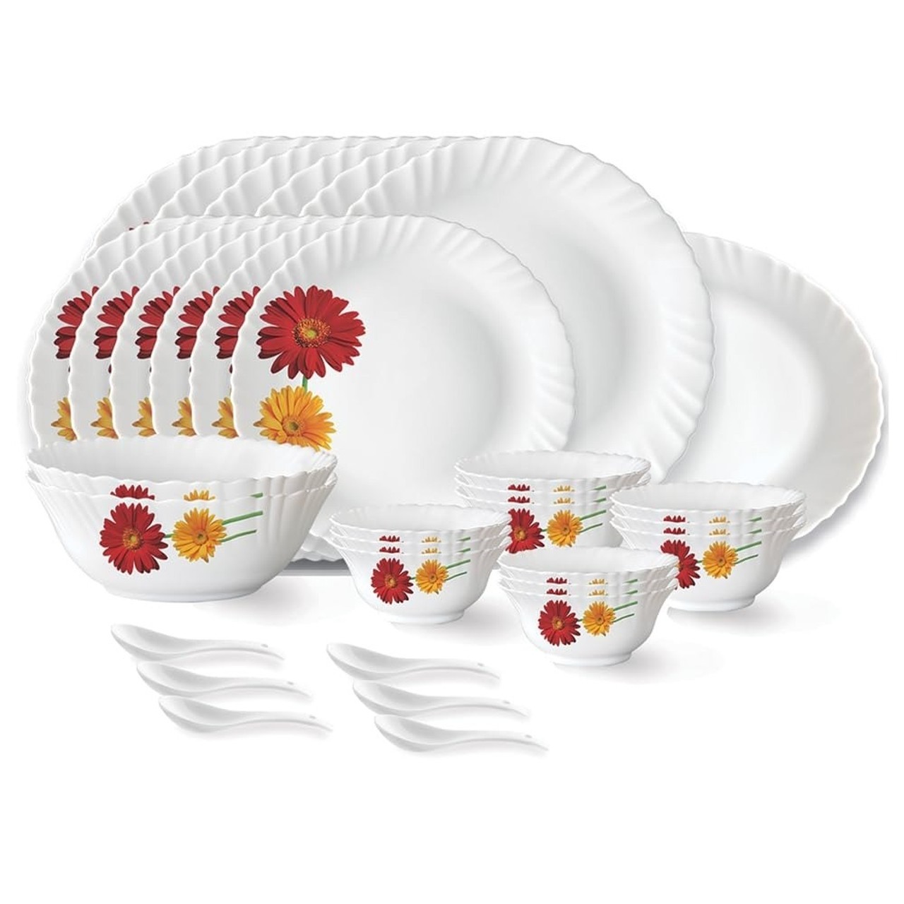 Borosil Larah Zinnia Fluted Opalware Dinner Set 33-Piece Microwave & Dishwasher Safe White