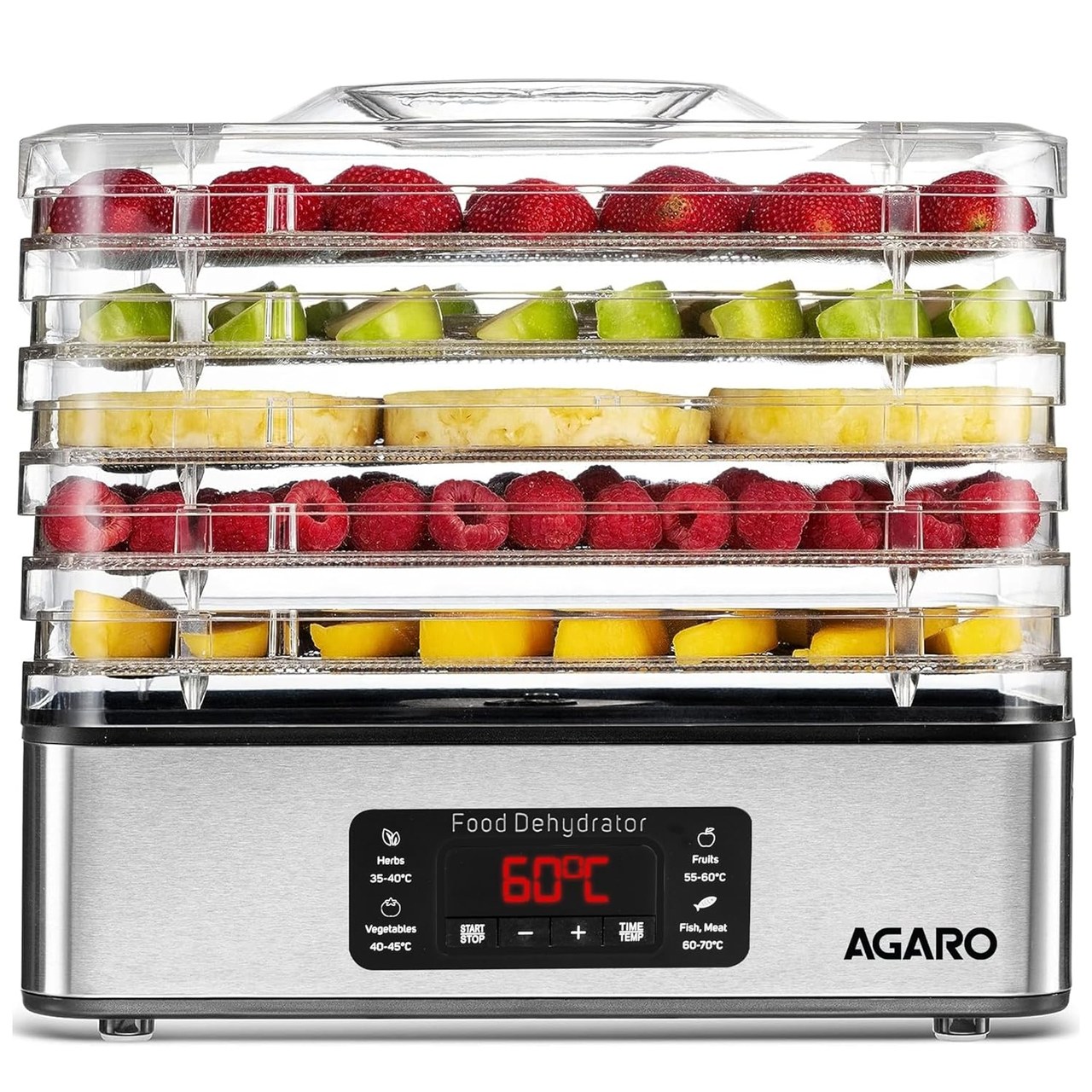 AGARO Regal Food Dehydrator with 5 Stackable Stainless Steel Trays, Digital Timer & Temperature Control, Silver