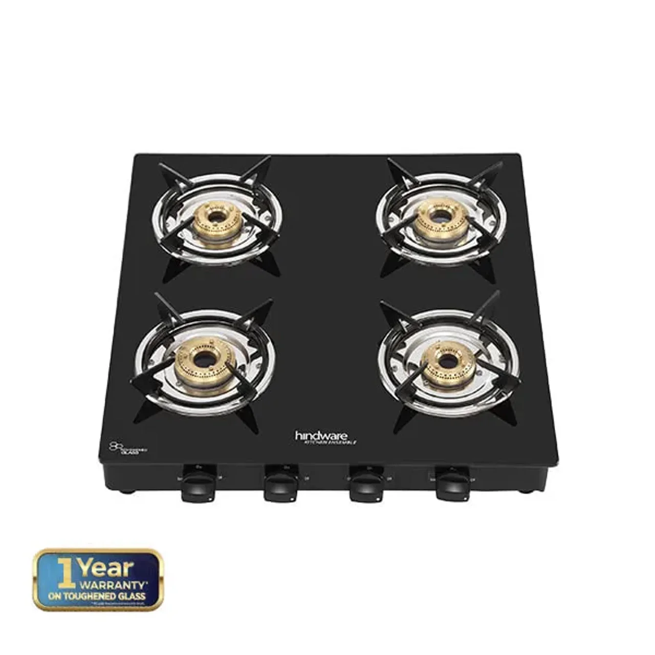 Hindware Brio Plus 4 Burner Glass Cooktop with Brass Burners and Toughened Glass - Black