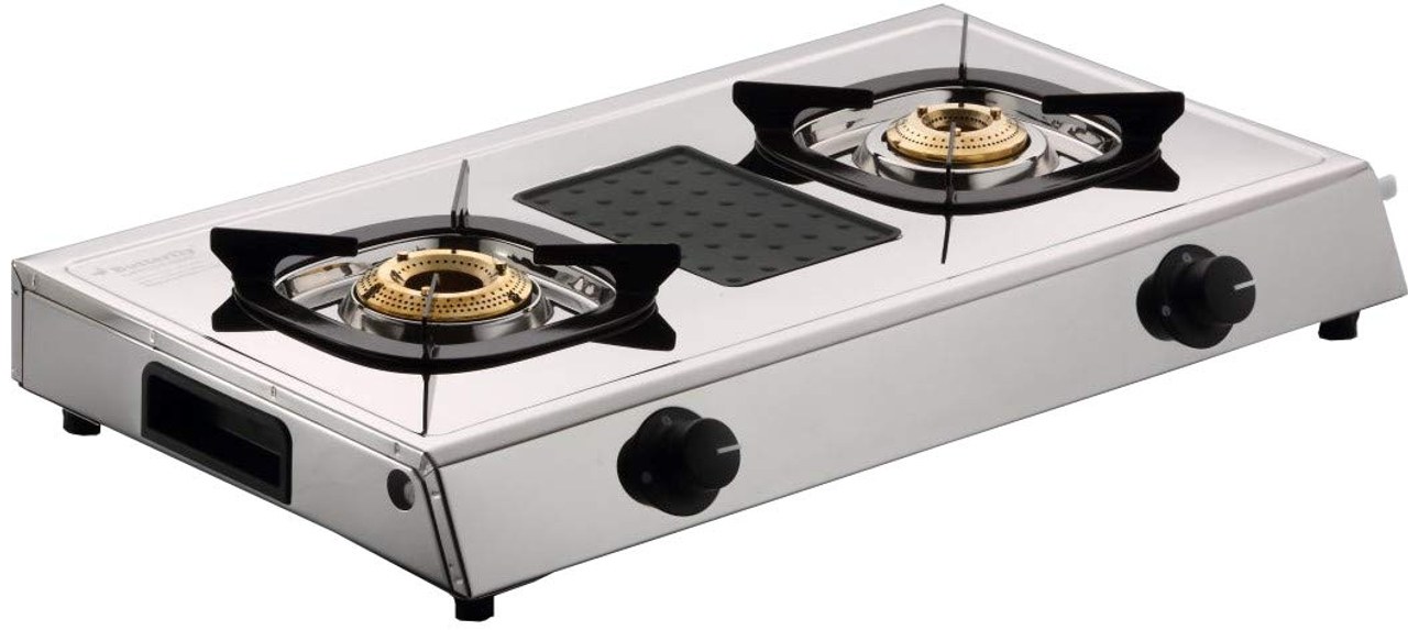 Butterfly Matchless 2 Burner Gas Stove Brass Burners Stainless Steel Spill Tray