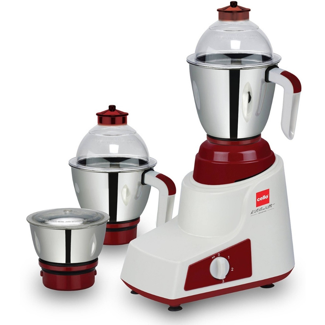 Cello Mixer Grinder 750W Copper Motor 3 Jars White/Maroon
