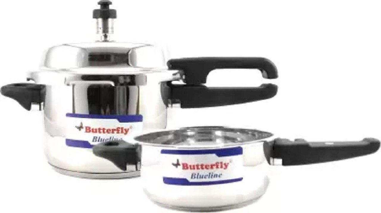 Butterfly Blueline Stainless Steel Induction Bottom Outer Lid Pressure Cooker & Pan Set, 3L & 2L