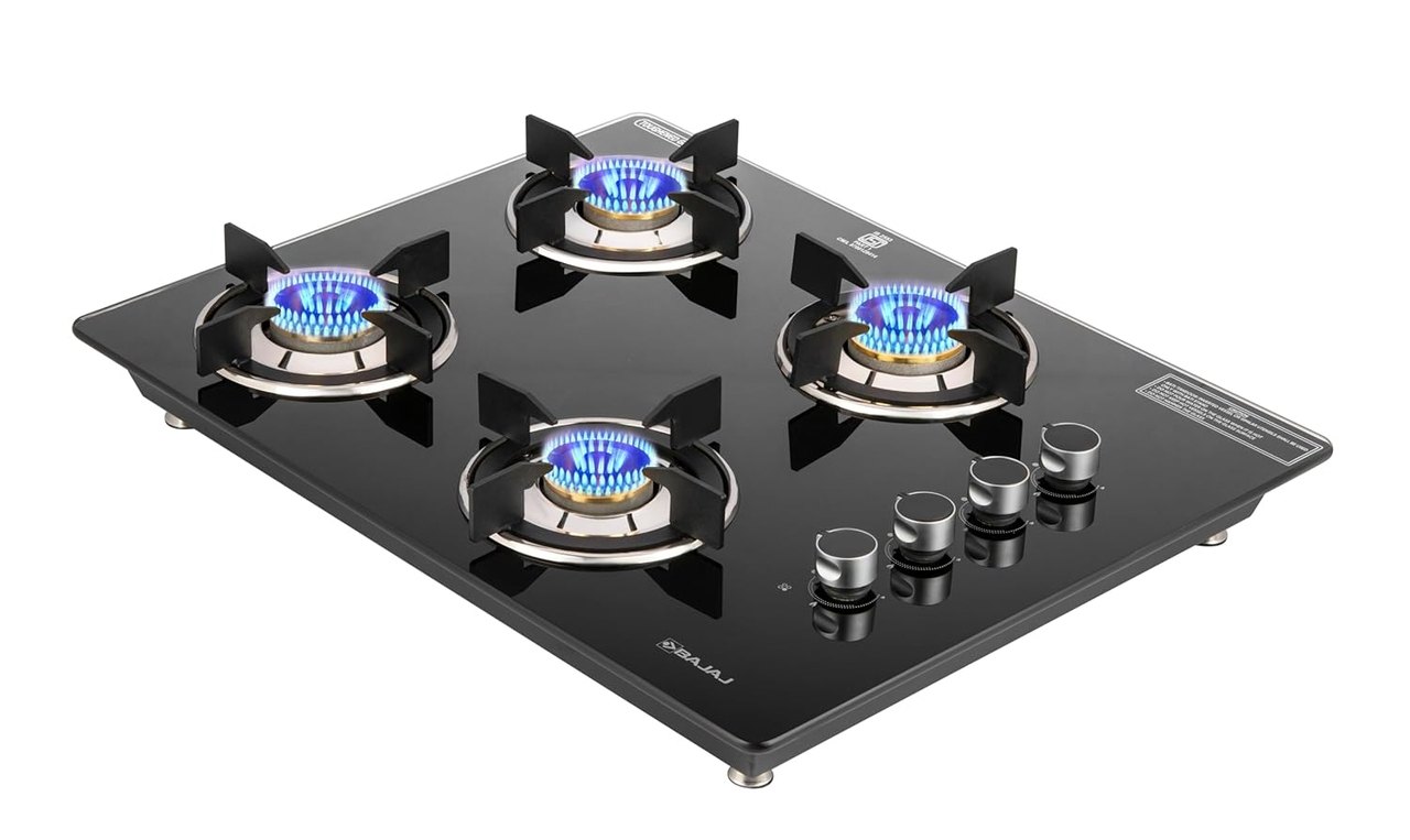 Bajaj 4BRGP8 Dual Hob Top and Neo Glasstop Open Gas Stove 4 Burners - Black