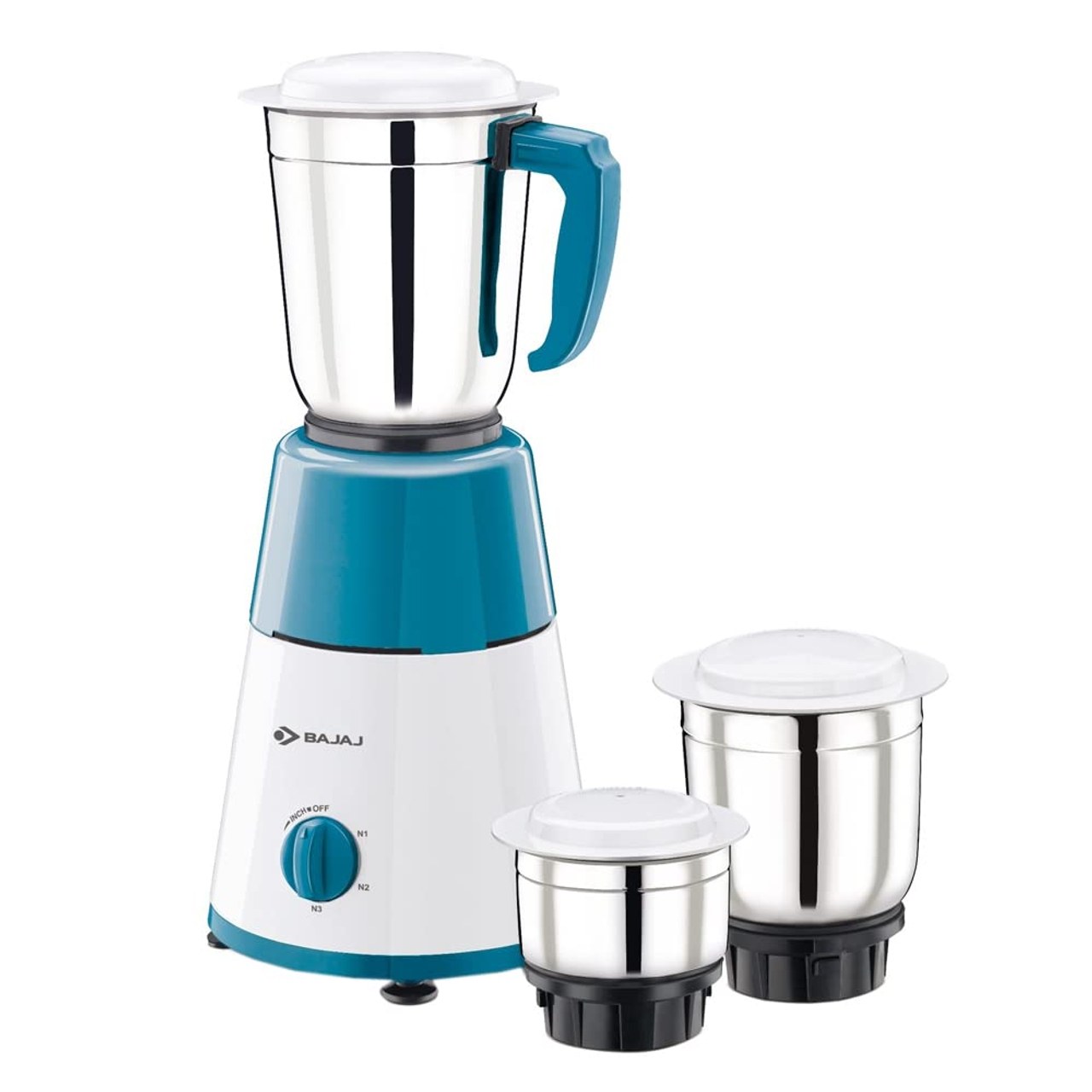 Bajaj GX15 500 Watts Mixer Grinder | Multi-Functional Blade System | 3 Sturdy Stainless Steel Jars, White & Blue