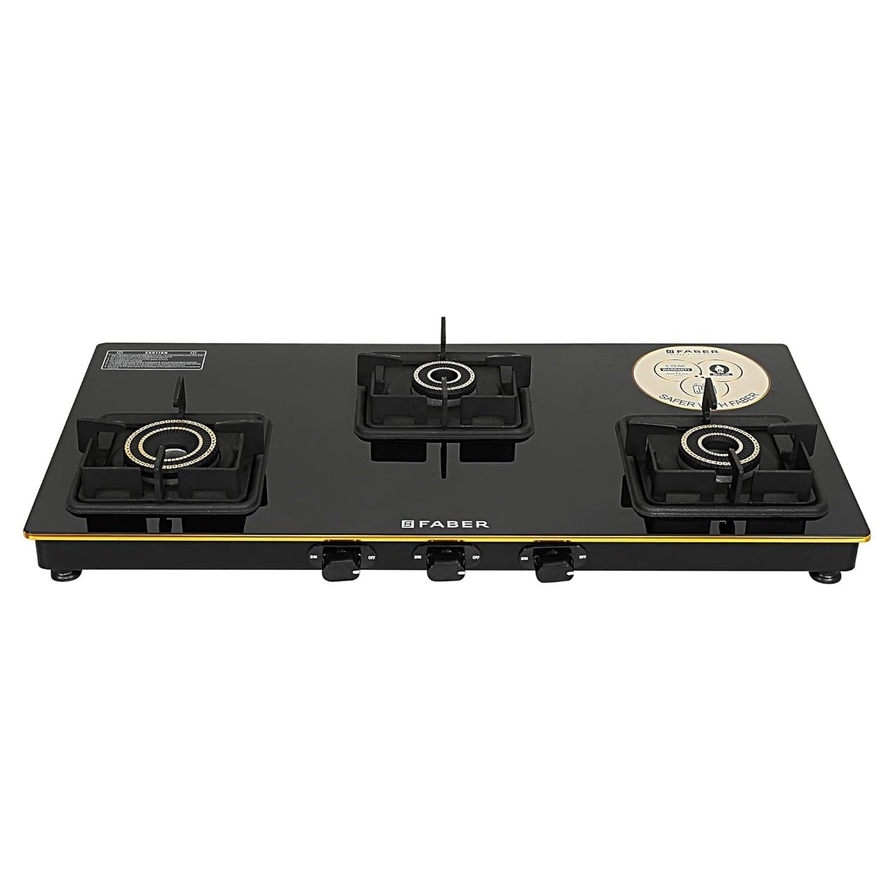 Faber Stylish 3 Brass Burners 77cm Sleek Cooktop |Manual Ignition|Black Glass Finish|Cooktop Prince Plus 3BB BK