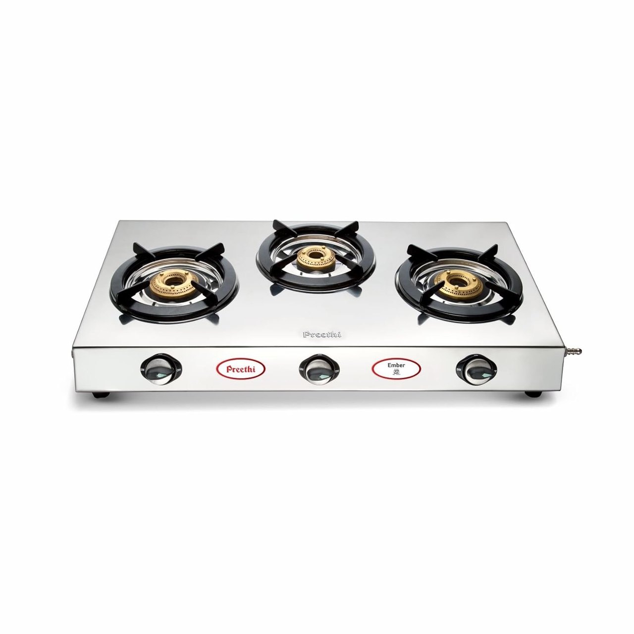 Preethi Ember Stainless Steel 3-Burner Gas Stove, Manual, Night Glow Knob, LPG