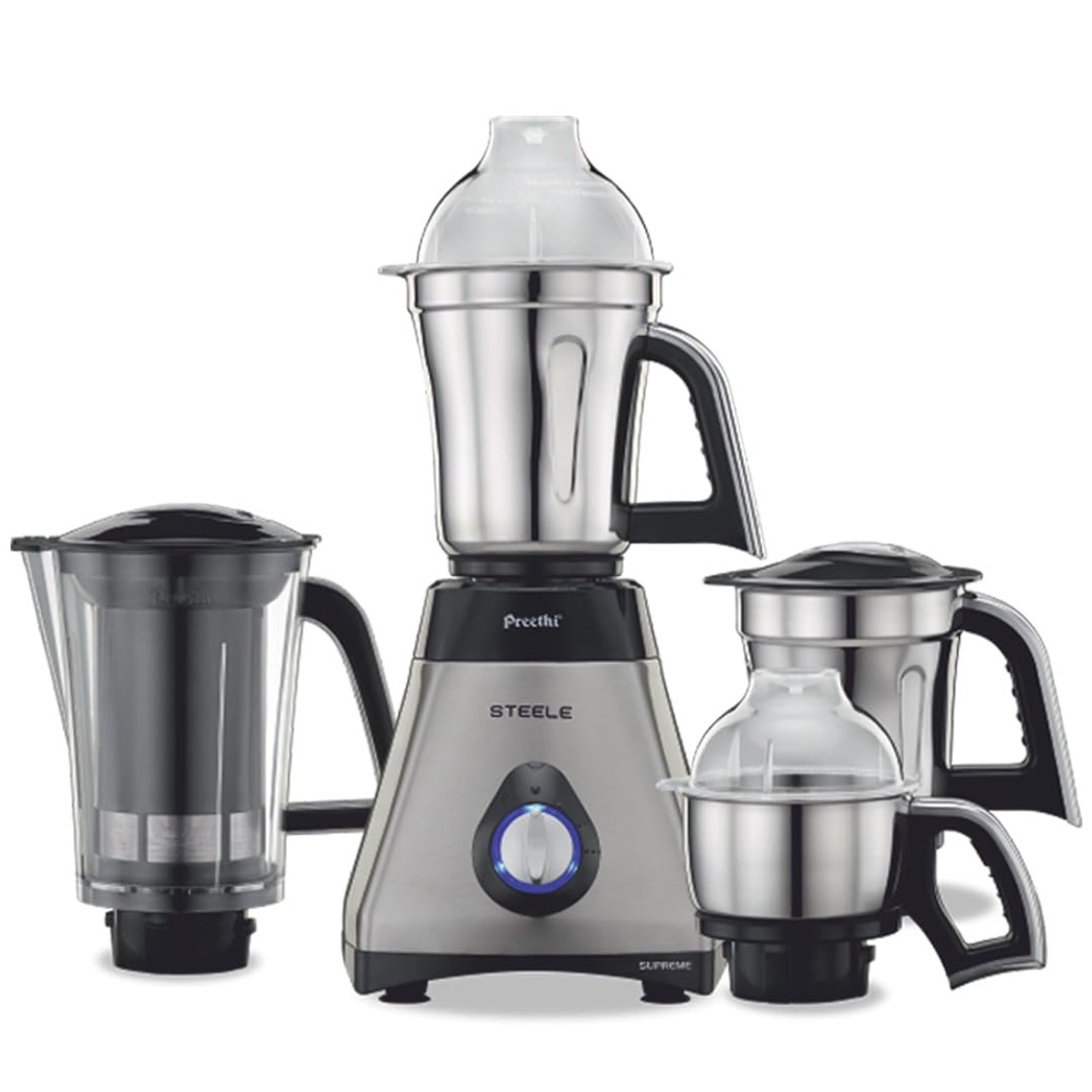 Preethi Mixer Grinder Steel Supreme 750W 4 Jars Super Extractor Vega W5 Motor Silver/Black