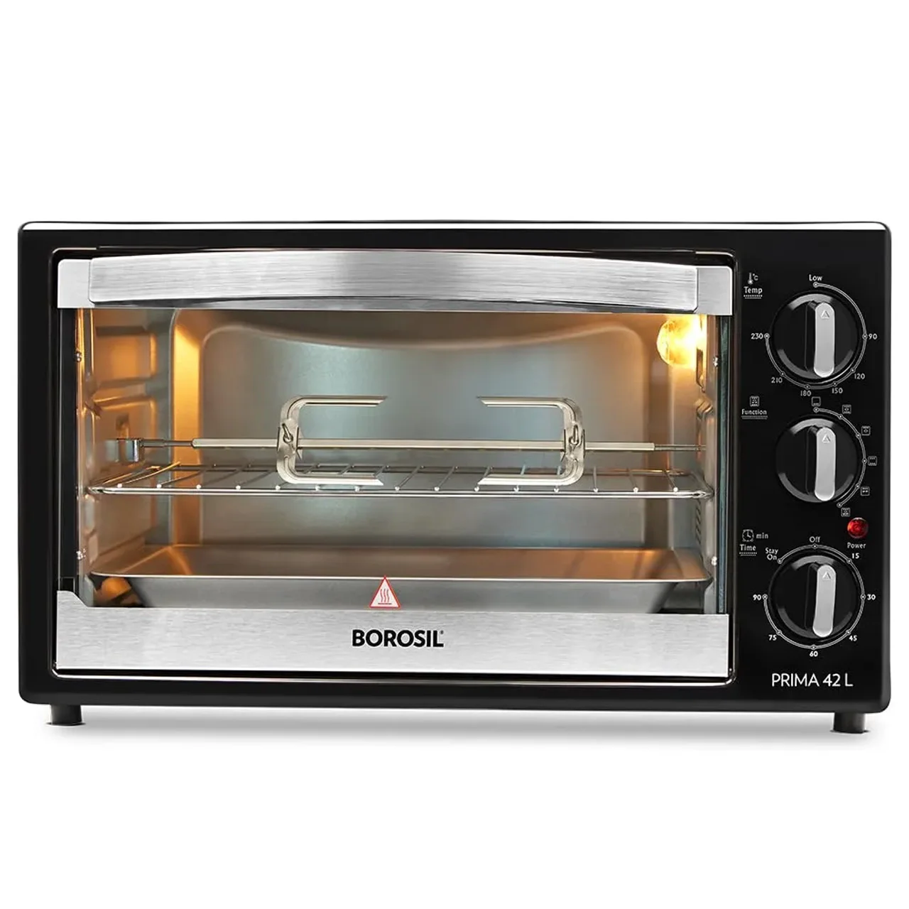 Borosil Prima 42L Oven Toaster Grill with Motorised Rotisserie & Convection Heating, 6 Heating Modes, Silver/Chrome