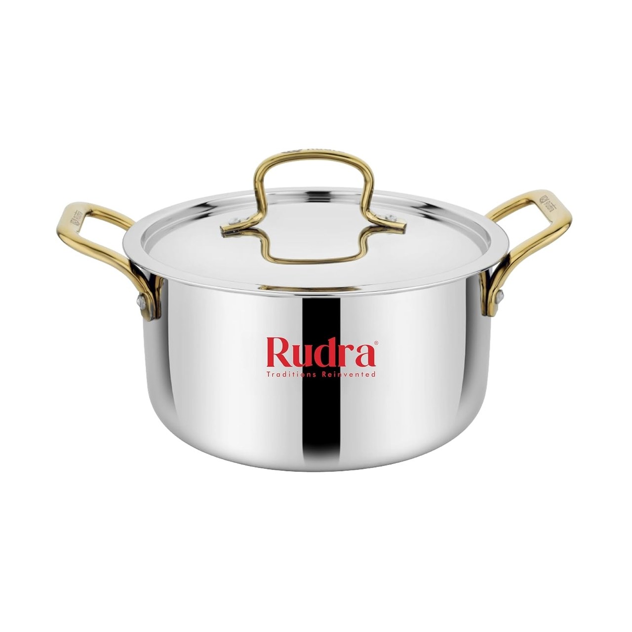 Rudra Smart TriPly SAS (Steel-Aluminium-Steel - 3 Layers) Stewpot Gold | Casserole|Biryani Pot | Stock Pot | with S.S. Lid| Silver | RU 9004 (22 cm)