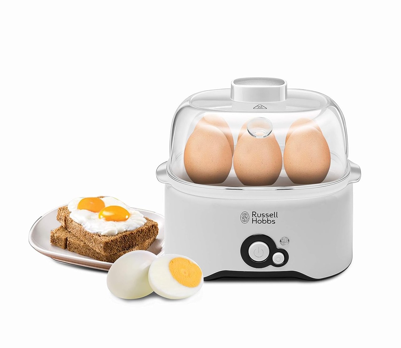 Russell Hobbs REG300 300W Fully Automatic Egg Cooker with Egg Cooking Rack, 2 Poaching Pans and Measuring Cup - White