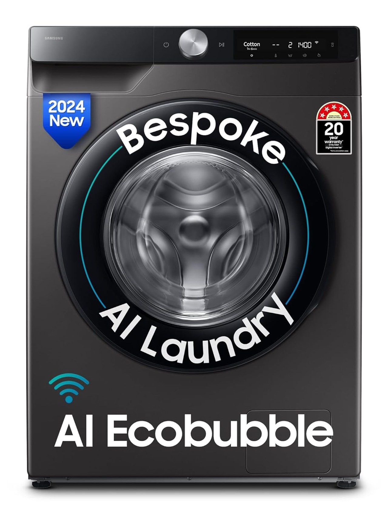 Samsung Fully Automatic Front Load Washing Machine 12 kg 5 Star AI Control Super Speed Wi-Fi Hygiene Steam Inbuilt Heater Digital Inverter (WW12DG6B24AXTL, Inox)