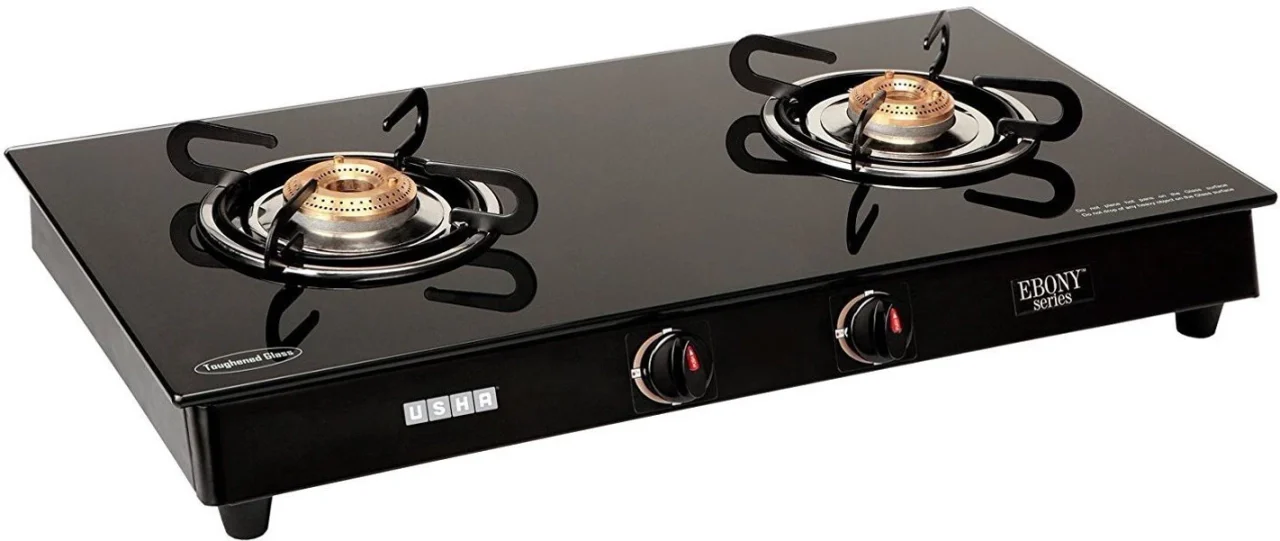 USHA Ebony GS2001 Toughened Glass Top 2 Burner Manual Gas Stove (Slim Line Design, Black)