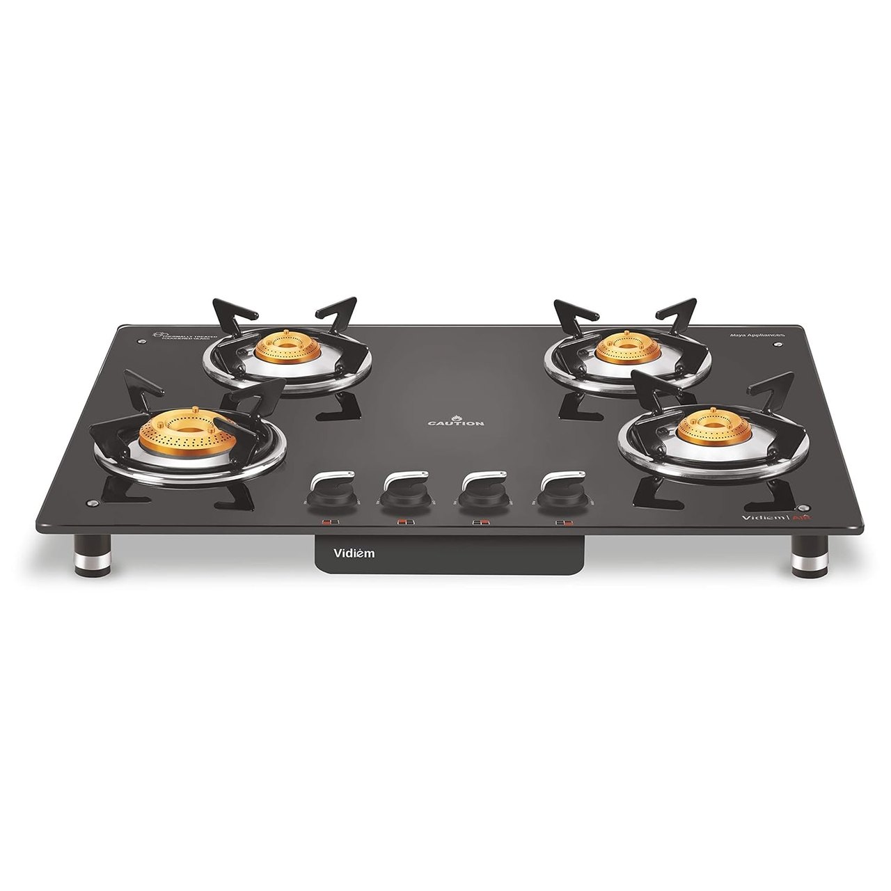 Vidiem Gas Stove AIR (Black with Silver) | 4 Burner Gas Stove | Manual Ignition | 10mm Toughened Glass Top Gas Stove | High Efficiency | ISI Certified | 2 Yearss warranty (4 Burner)