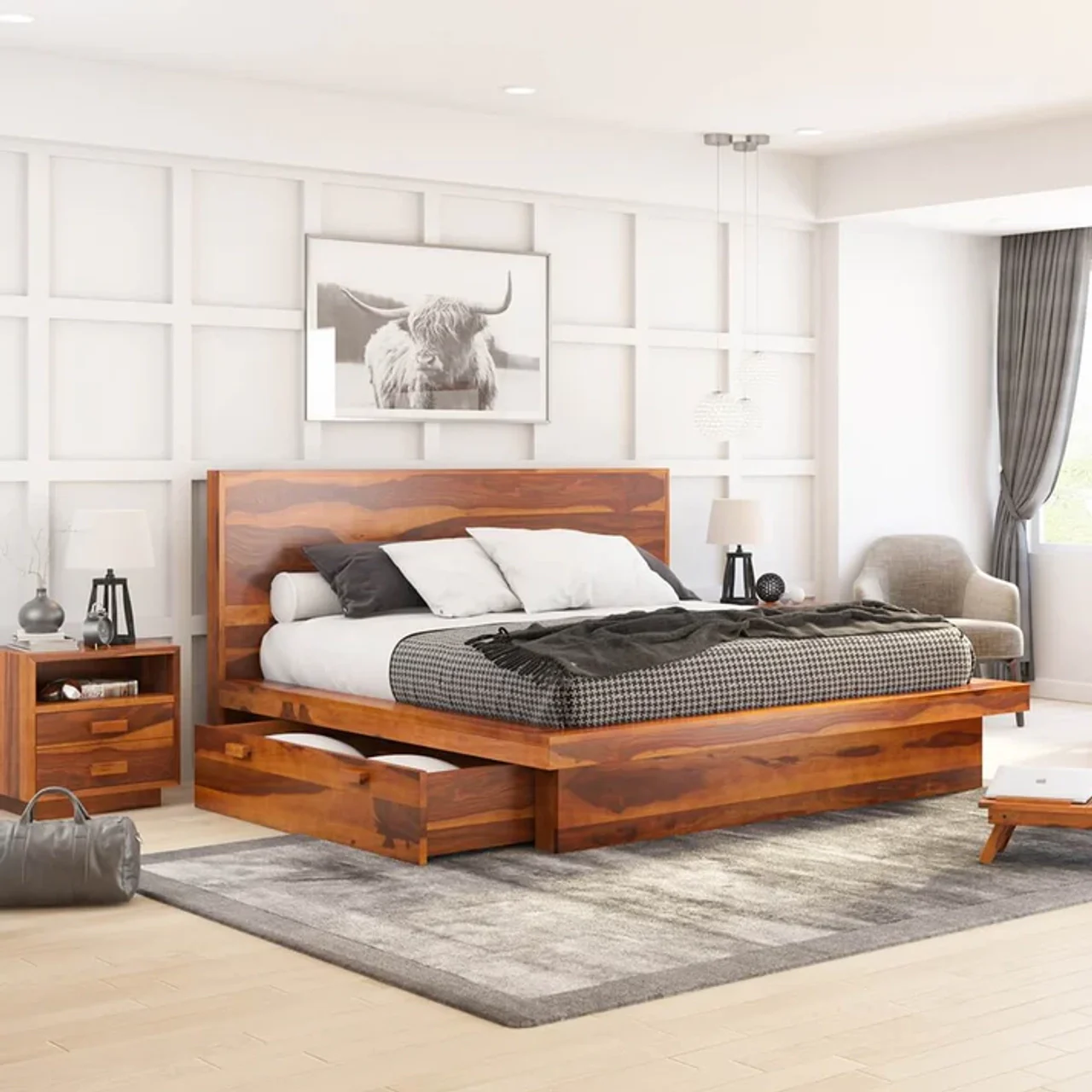 Hidenchic Solid Wood Queen Bed In Natural Finish