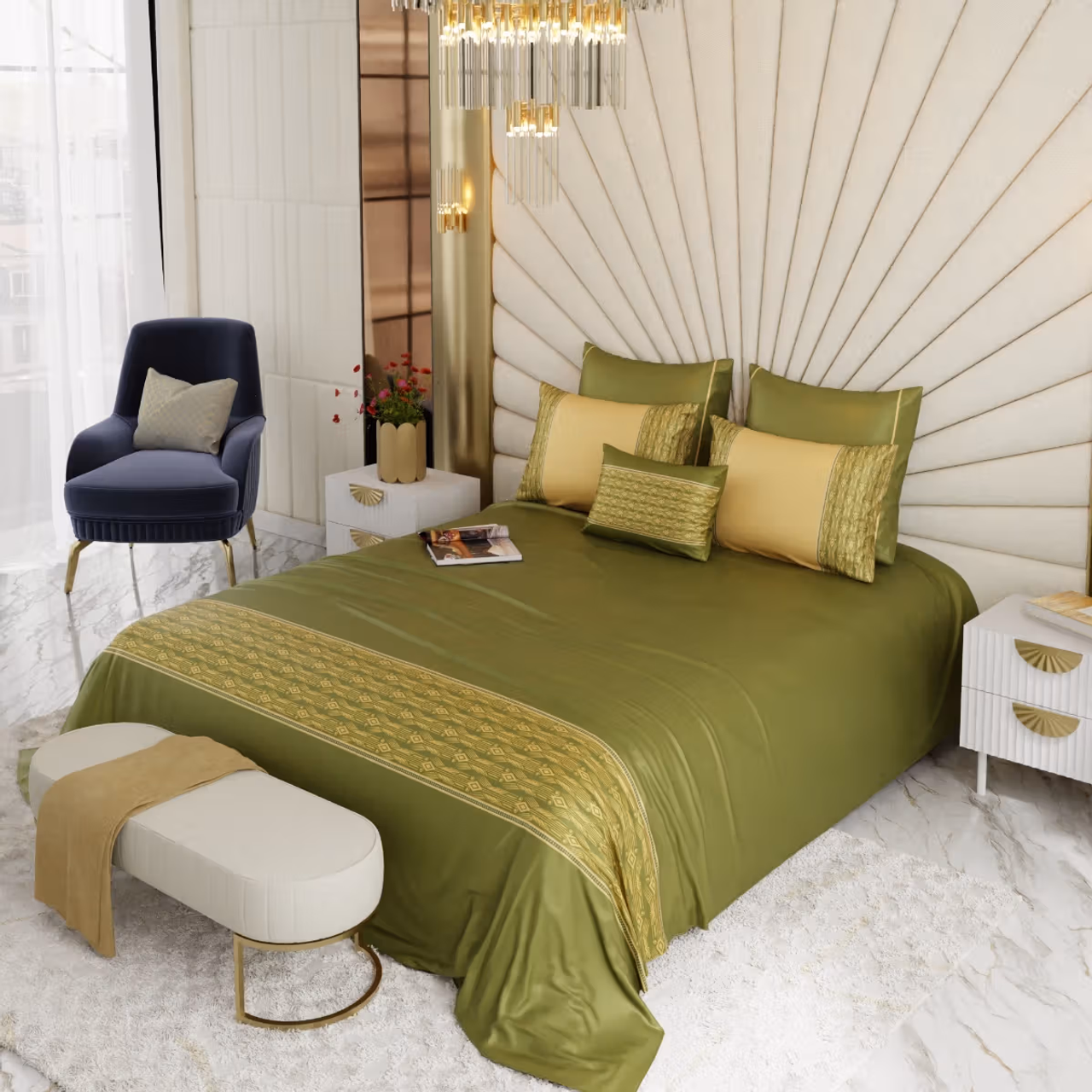 Stoa Paris Olive Regal King Bedsheet with 4 Pillow Covers & Cushions