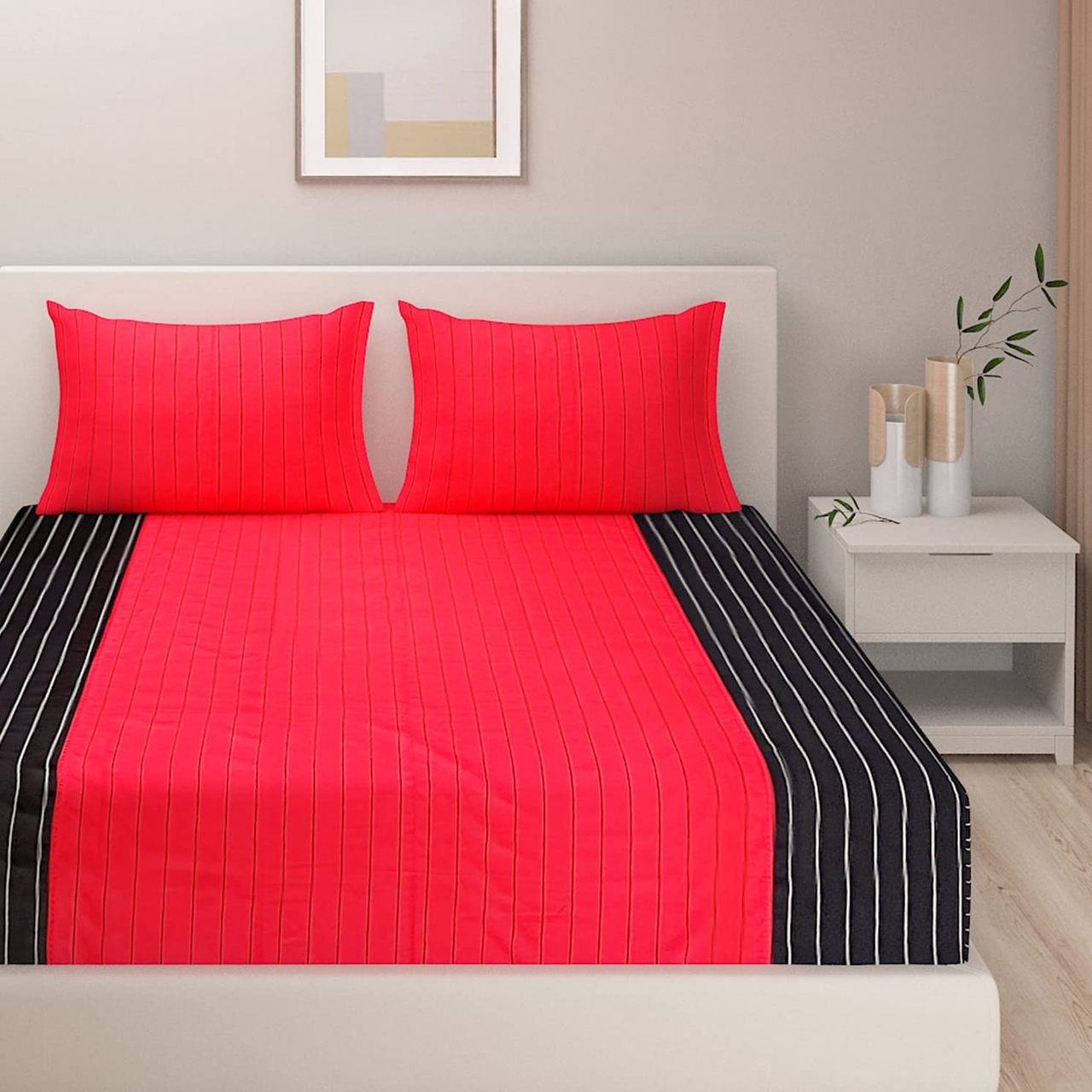 Swayam Double Fitted Bedsheet 100% Cotton Yarn Dyed Twill Weave with 2 Pillow Covers Red Black 78x72x10 Inches