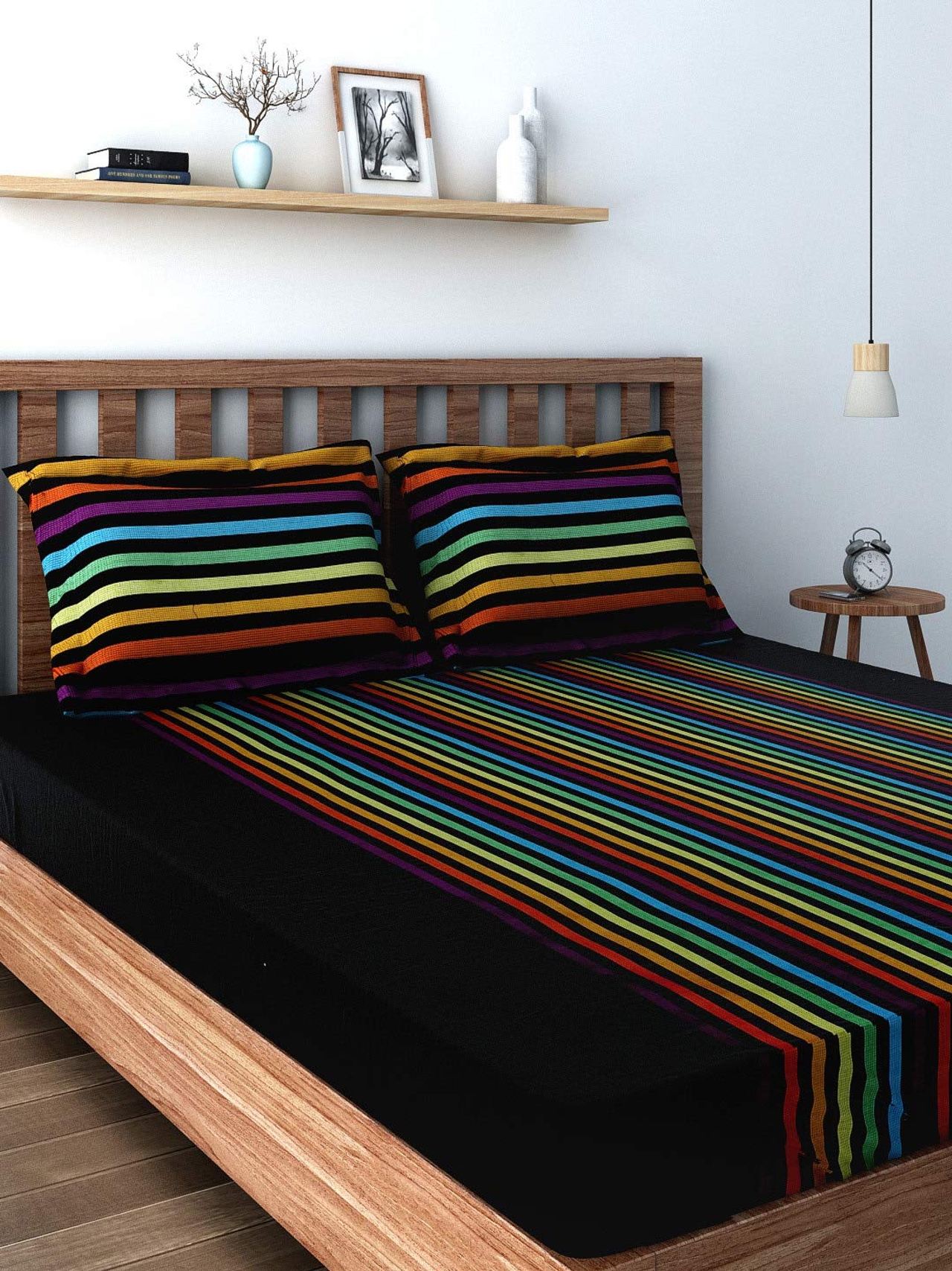 Swayam Black 180 TC Cotton Double Bedsheet with 2 Pillow Covers Multicolor