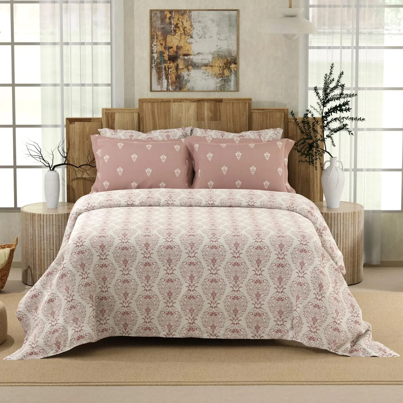 Boutique Living King Size Bedsheet 500 TC Tencel Cotton with 4 Pillow Covers Pink & White Ethnic Print