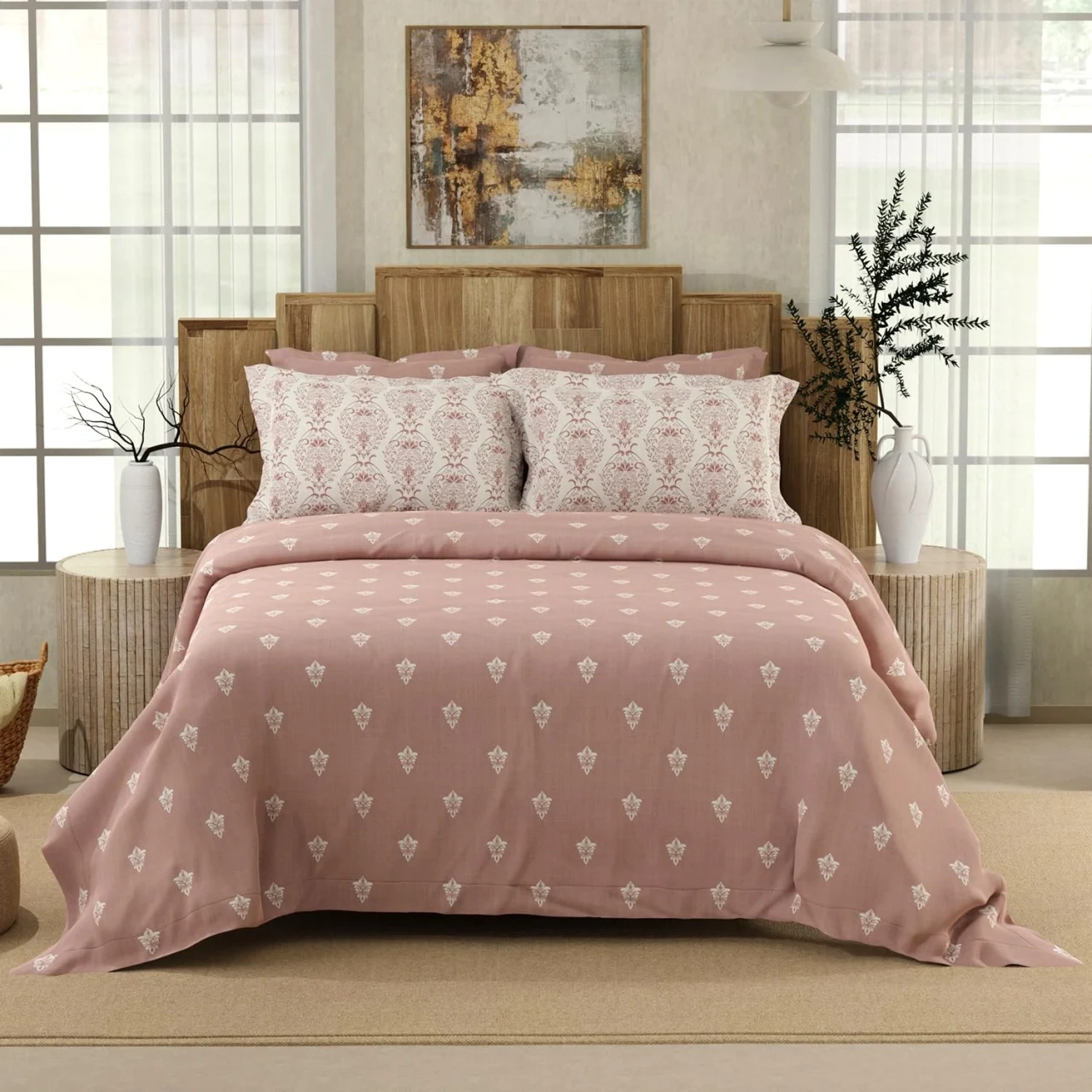 Boutique Living Isabella King Size Bedsheet 500 TC Tencel Cotton with 4 Pillow Covers Pink Ethnic Print