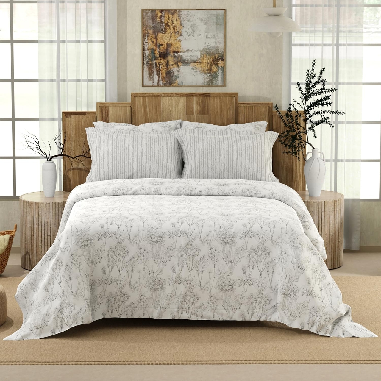 Boutique Living Isabella King Size Bedsheet 500 TC Tencel Cotton with 4 Pillow Covers White & Grey Floral Print