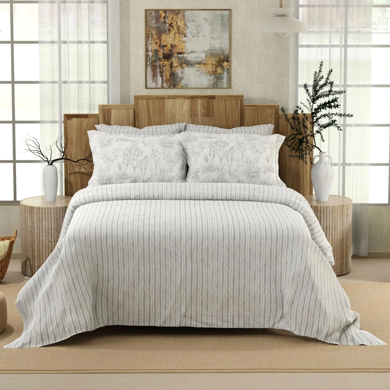 Boutique Living Isabella 500 TC Tencel Cotton King Size Bedsheet with 4 Pillow Covers White & Grey Stripes