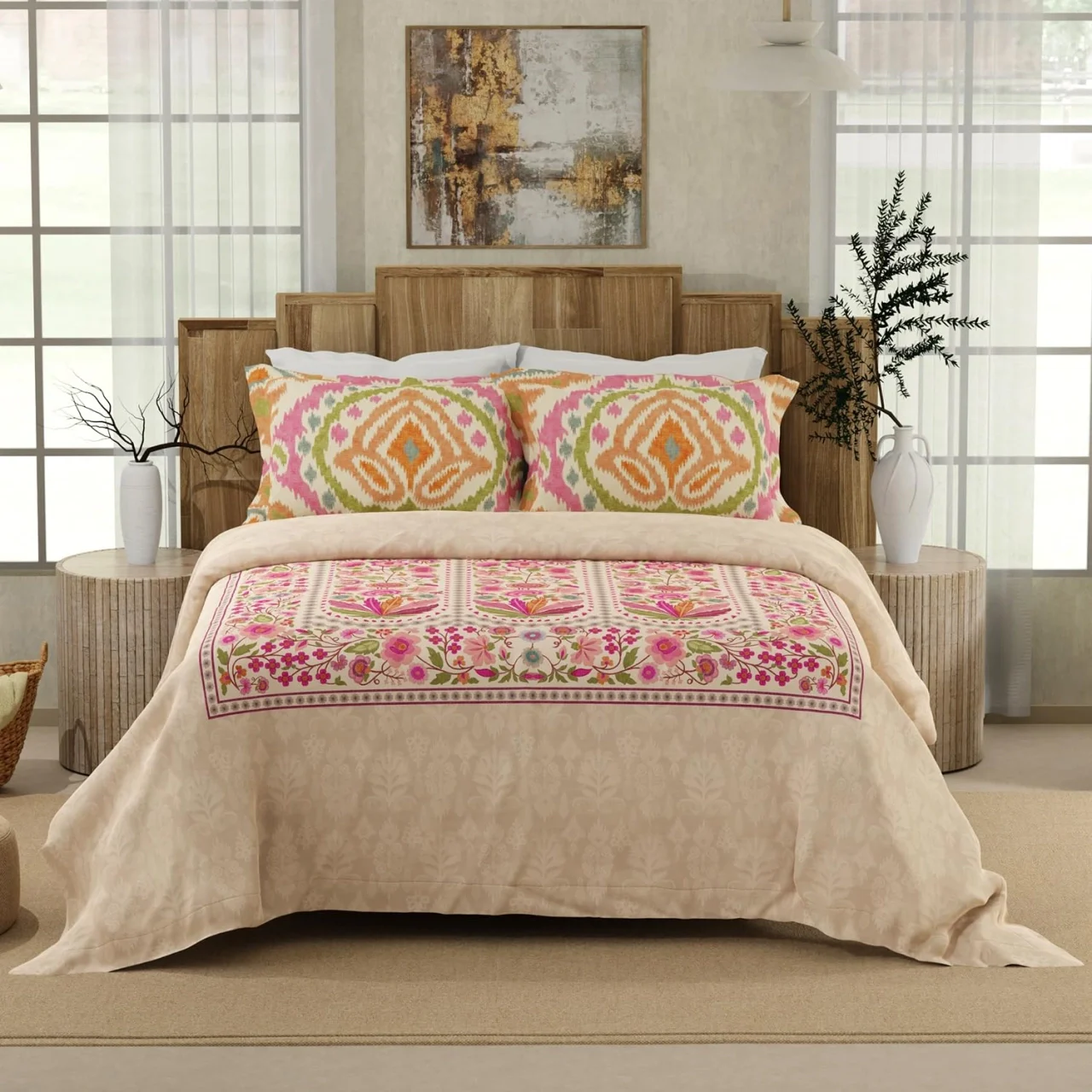 Boutique Living King Bedsheet 100% Cotton 300 TC Digital Print Pink with 2 Pillow Covers