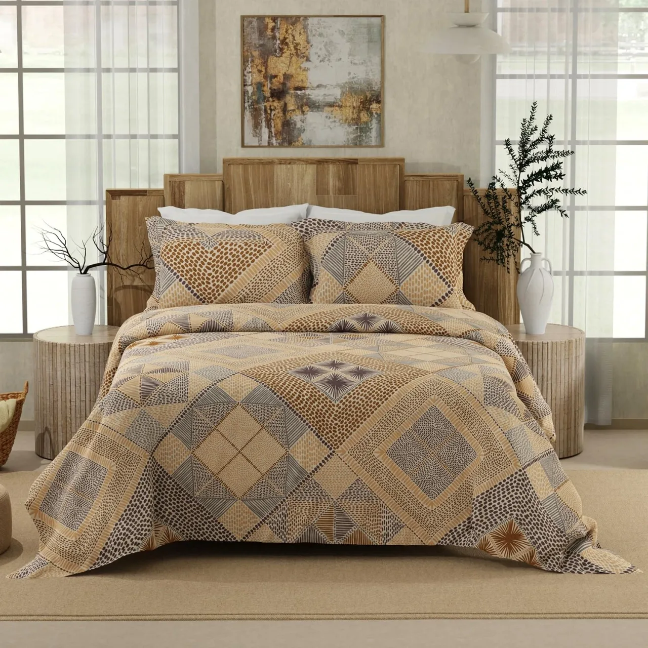 Boutique Living King Bedsheet 100% Cotton 300 TC Digital Print Brown with 2 Pillow Covers
