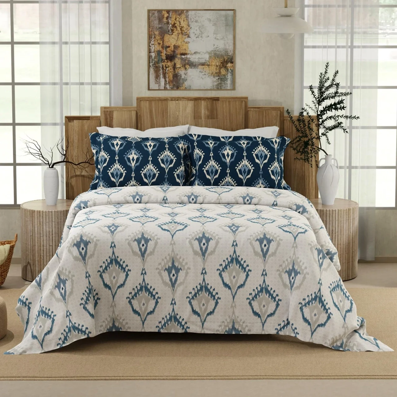 Boutique Living King Bedsheet 100% Cotton 300 TC Digital Print Blue & White with 2 Pillow Covers
