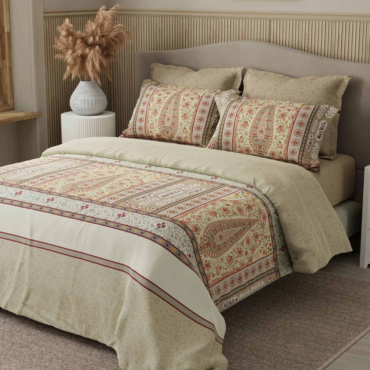 Boutique Living King Bedsheet Set 100% Cotton 400 TC Ethnic Print Beige with 4 Pillow Covers