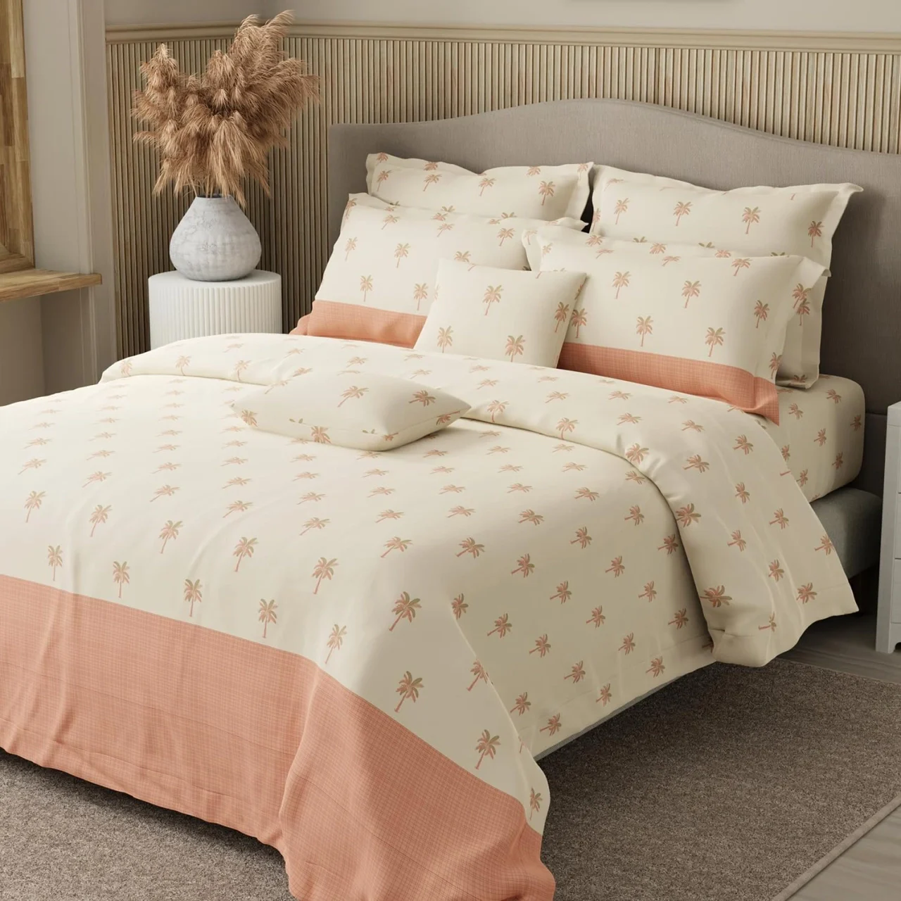 Boutique Living King Bedsheet Set 100% Cotton 400 TC Peach Floral with 4 Pillow Covers & 2 Cushion Covers