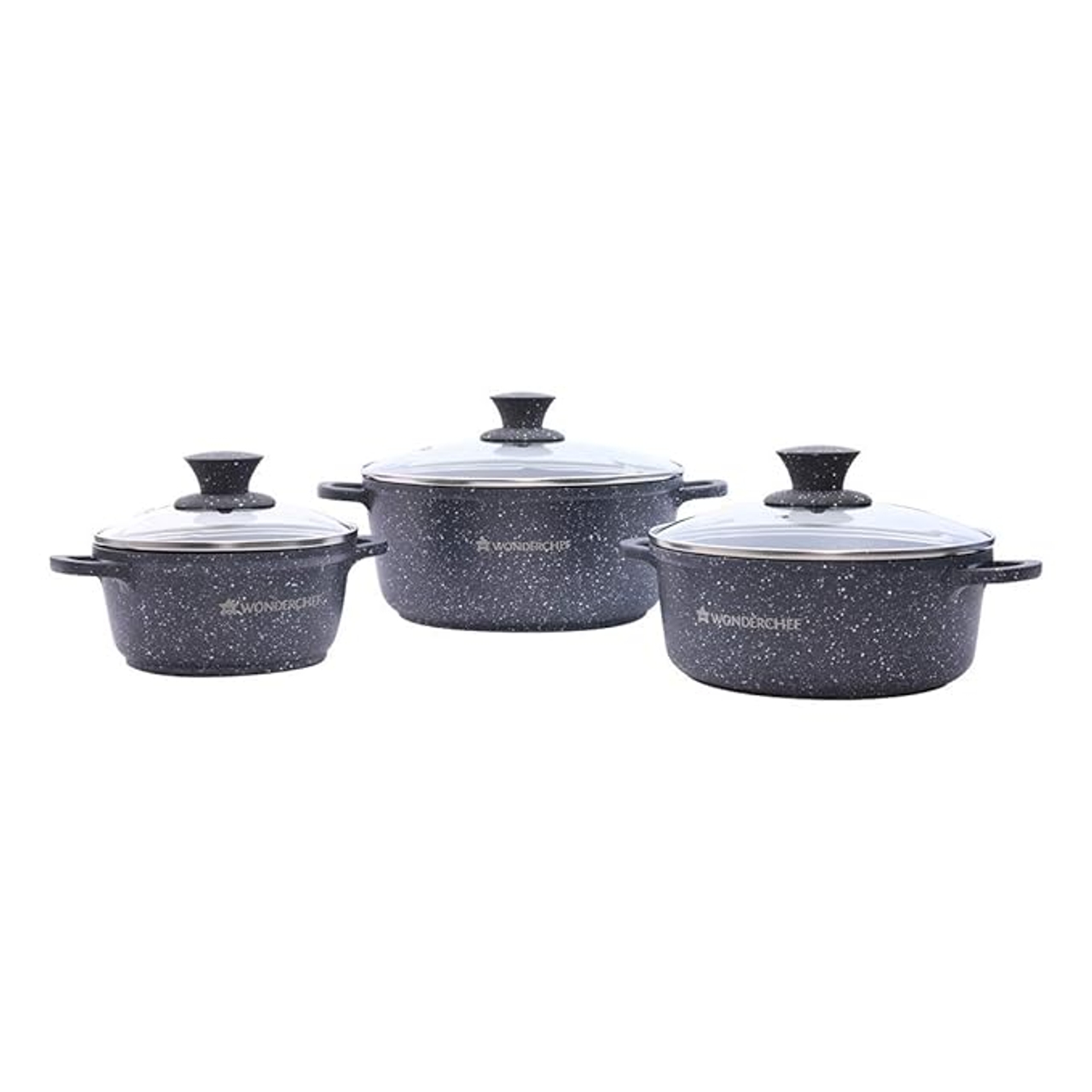 Wonderchef Granite Die Cast Non-Stick 6-Piece Casserole Set with Lids | Induction Bottom | 3.5mm Thick | 2 Years Warranty | Grey