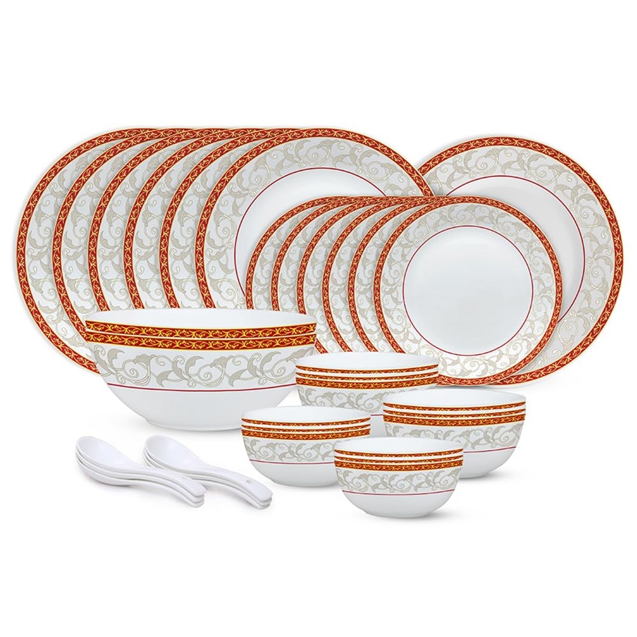 Borosil Opalware Dinner Set 33 Pcs Kohinoor Series Microwave & Dishwasher Safe Bone-Ash Free White