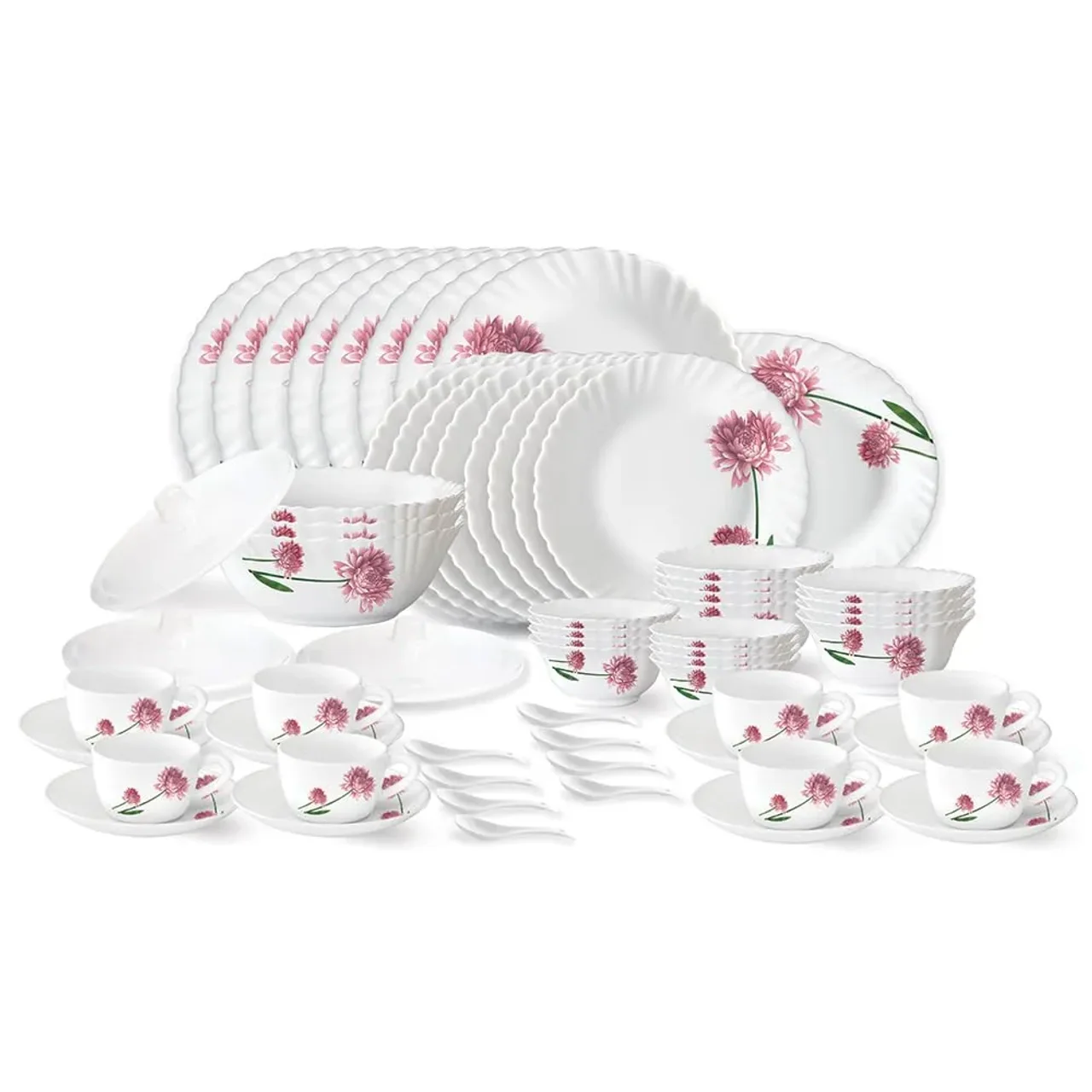 Borosil Nargis Fluted Series Opalware Dinner Set 63-Piece Microwave & Dishwasher Safe Bone-Ash Free White