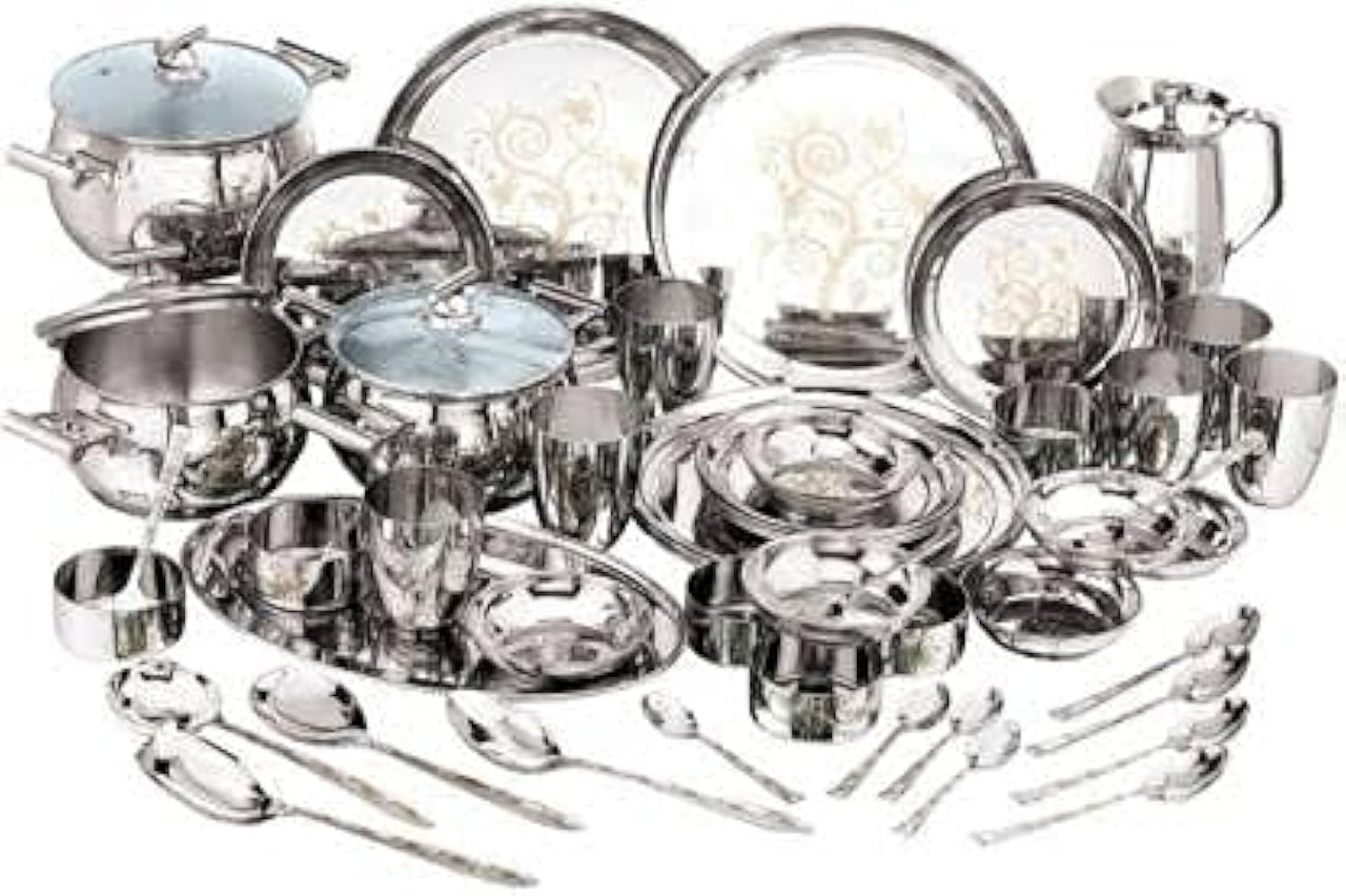 Vinod Stainless Steel Dinner Set - 51 Pieces, Mirror Finish, Silver