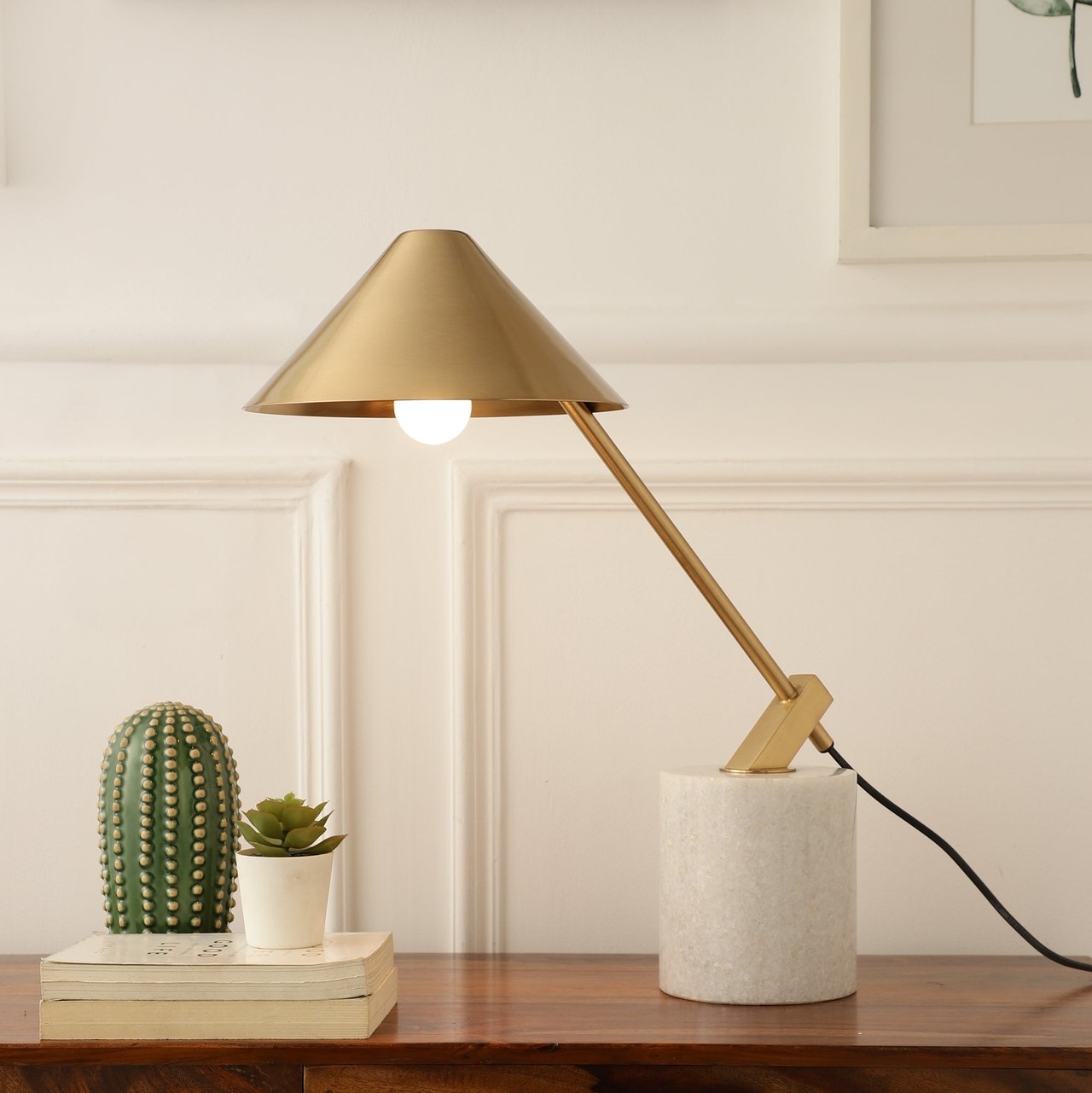 Metal Cone Shade Lamp With White Marble Base - Gold