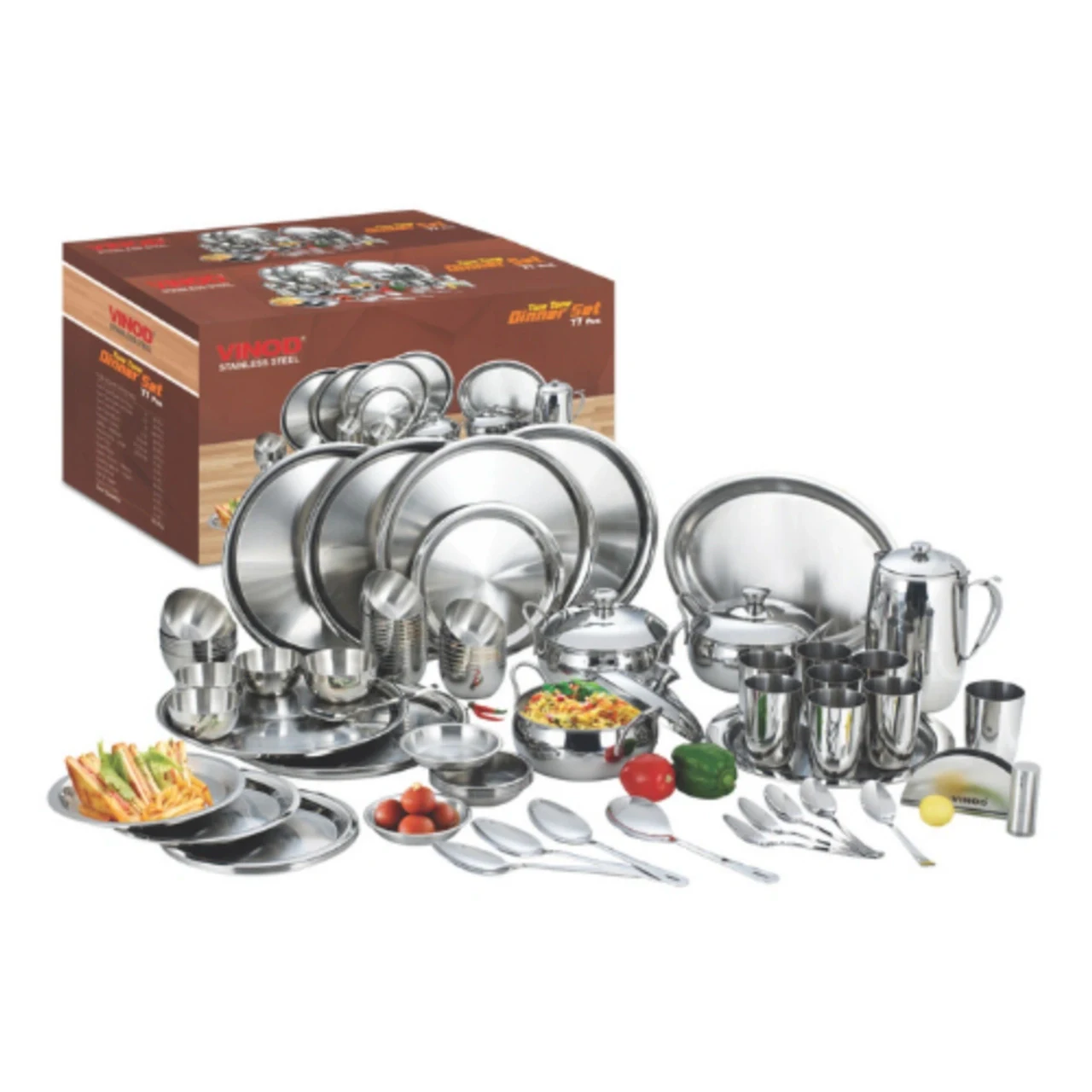Vinod Stainless Steel Two Tone Dinner Set 77 Pieces for 8 Persons