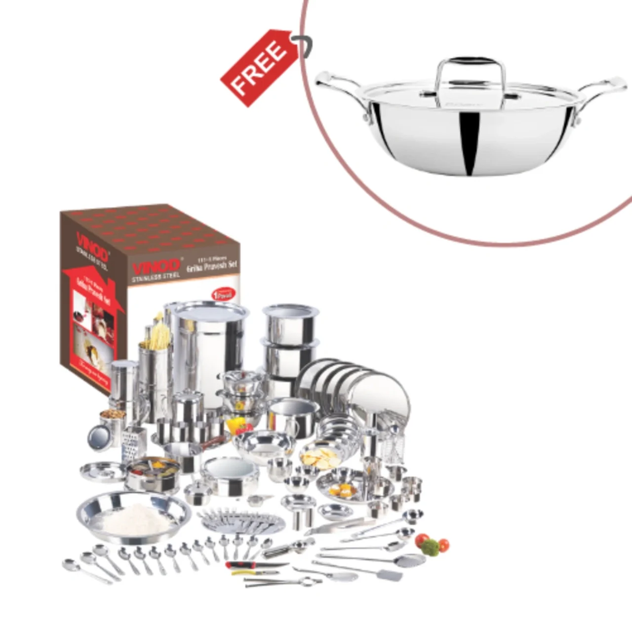 Vinod Stainless Steel Dinner Set 114-Piece Griha Pravesh