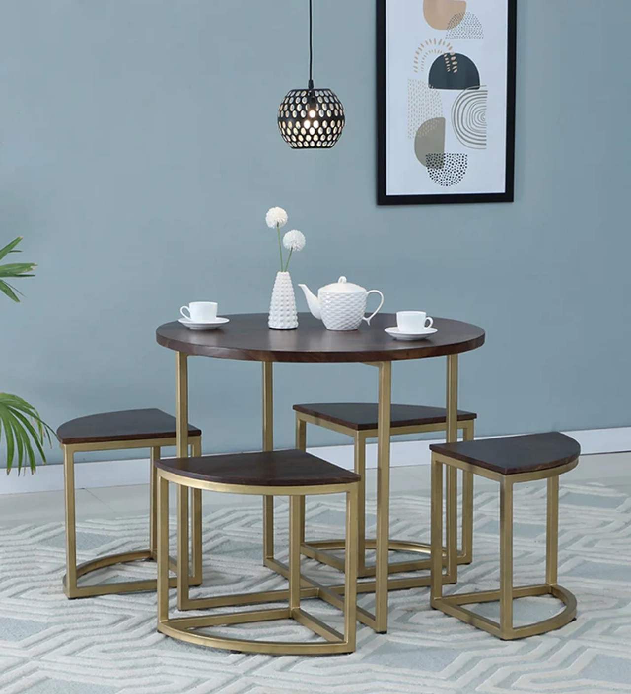 Hidenchic - Divine - Metal Base 4 Seater Dining Set With Solid Wood Table & Seat Tops