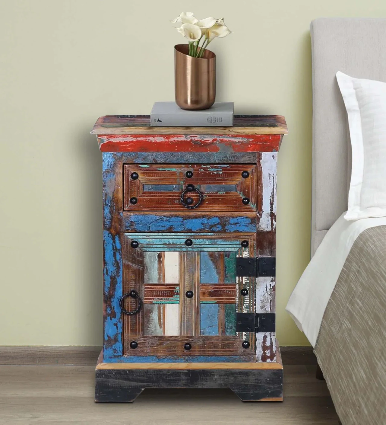 Hidenchic Reclaimed Wood Bedside Table With Drawer & Storage Space In Distress Finish
