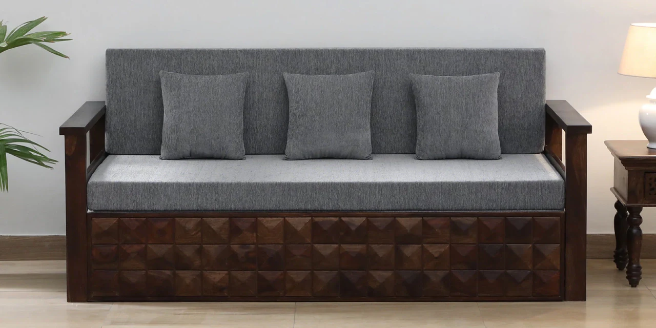 Hidenchic Dash Sheesham Wood Pull Out 3 Seater Sofa Cum Bed In Provincial Teak With Cushions