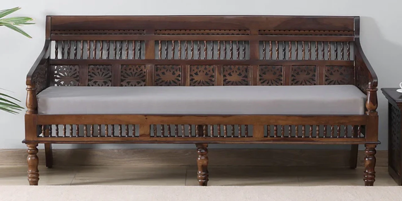 Hidenchic Bun Sheesham Wood 3 Seater Sofa In Provincial Teak Polish & Grey Seat Fabric