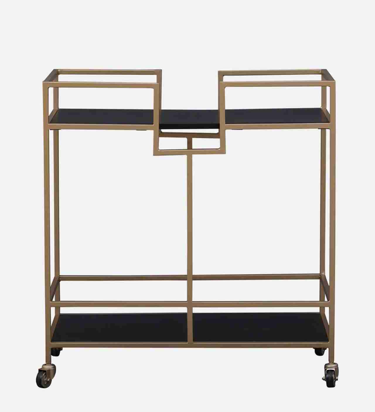 Hidenchic - Metal & Solid Wood Bar Trolley In Black & Golden Finish
