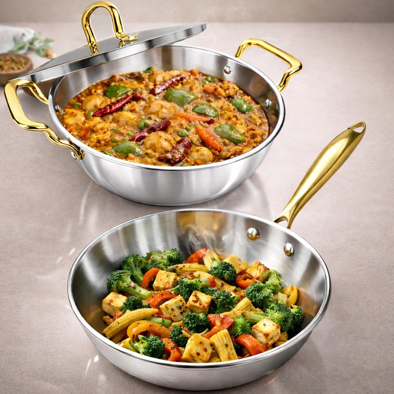 MontClaire Premium Triply Stainless Steel Cookware Set of 2, Fry Pan 22cm(1.7L) + Kadai for Cooking 22cm(2.3L)