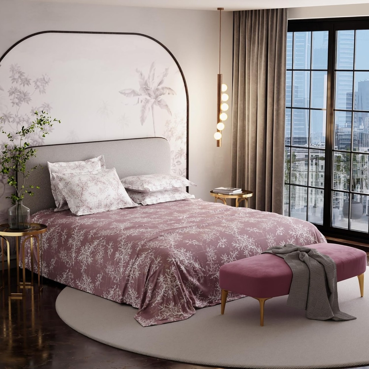 Stoa Paris Super King Size Cotton Bedsheet with 4 Pillow Covers, 300TC Sateen Floral Printed Bedding Set, Aesthetic Bedsheets, Home Decor, Wedding Gift for Couples, French Bloom - Ember Leaf, Coral