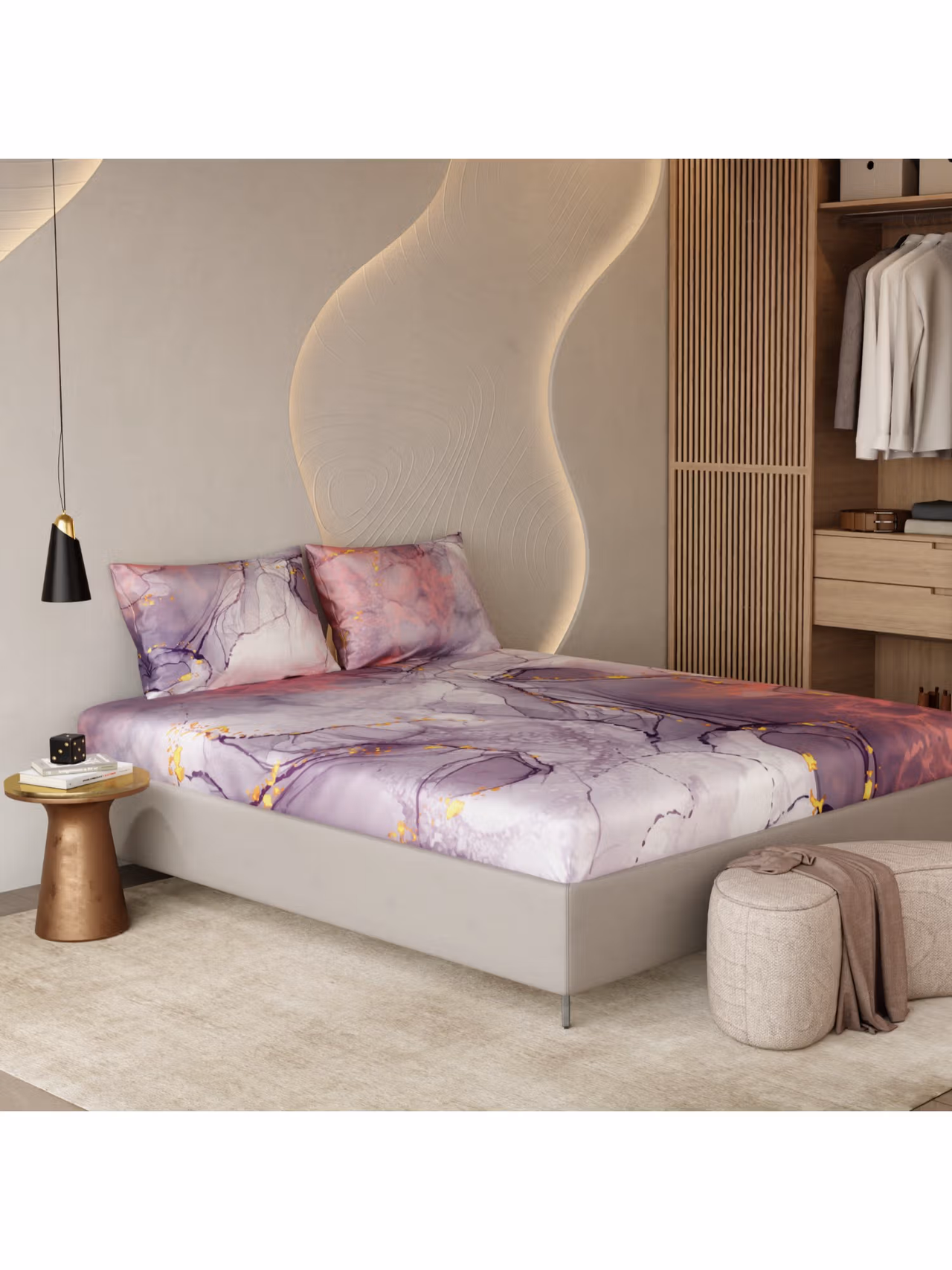 Stoa Paris Louvre 300 TC Beneath Lavender Skies Fitted Bedsheet with 2 Pillow Covers (King)