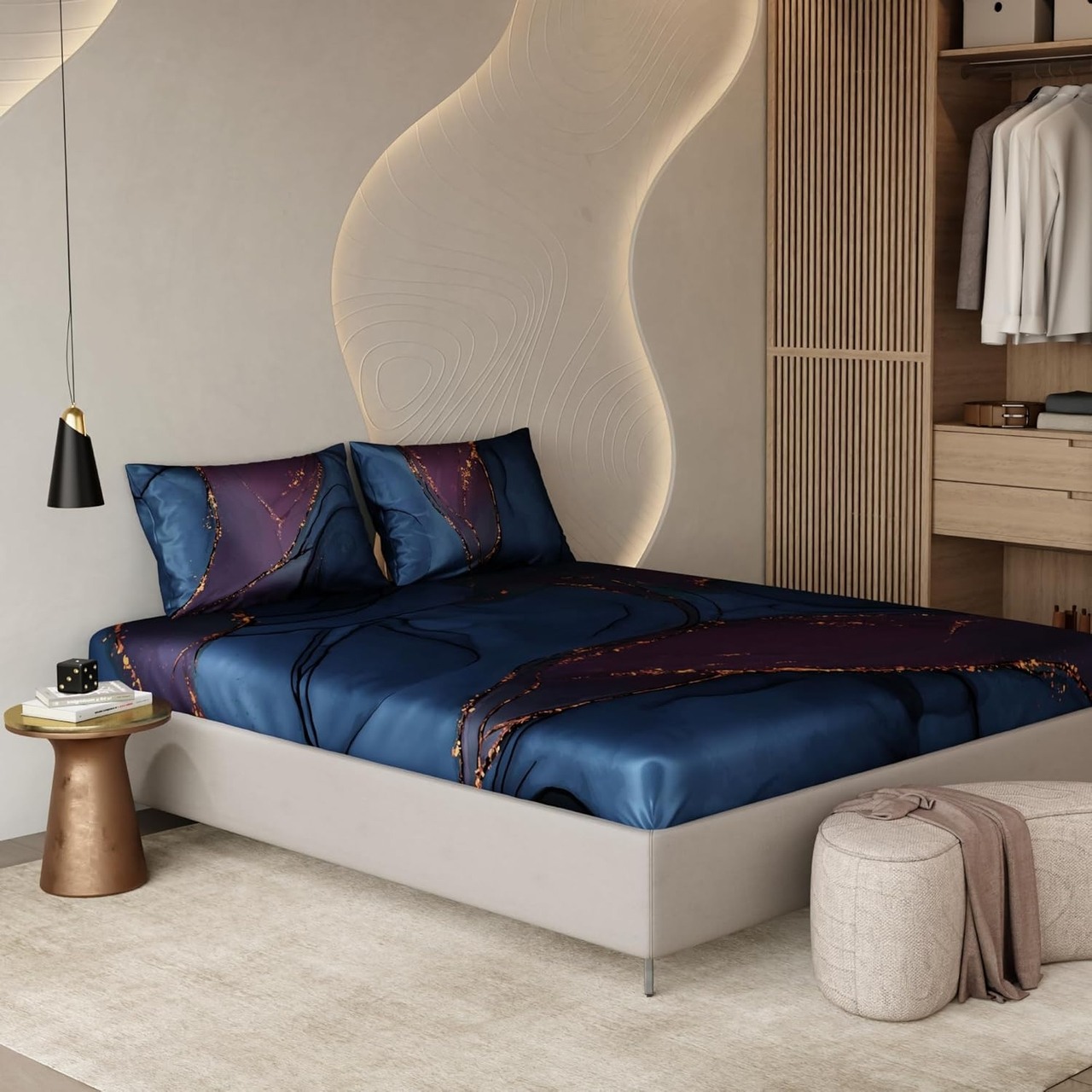 Stoa Paris Satin Elastic Fitted Bedsheets for King Size Bed (72” x 78”), 300TC Premium Bedding Set with 2 Pillow Covers, Hypoallergenic Bedsheet, Aesthetic Home Decor, Louvre - Indigo, Purple, Gold