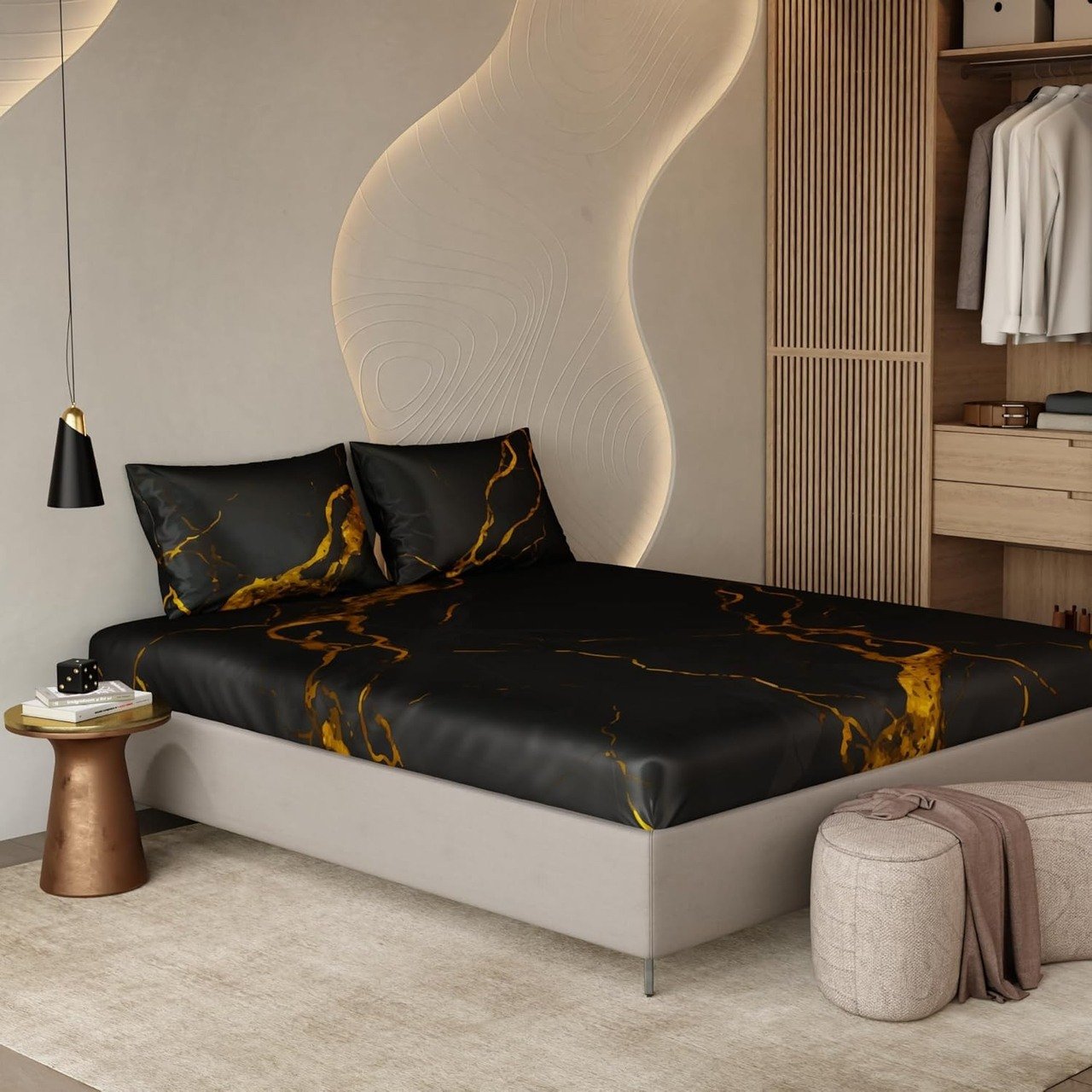 Stoa Paris Satin Elastic Fitted Bedsheets for King Size Bed (72” x 78”), 300TC Premium Bedding Set with 2 Pillow Covers, Hypoallergenic Bedsheet, Aesthetic Home Decor, Louvre - Velvet Black, Gold