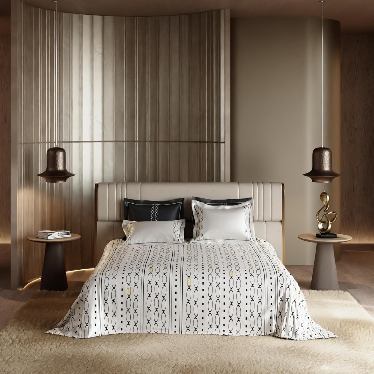 Stoa Paris Super King 5PC Satin Bedding Set, 300TC Ultra Soft & Breathable, 1 Flat Bedsheet, 4 Pillow Covers, Easy on Hair & Skin, Aesthetic Home Decor, Wedding Gift, Baroque - Black-White-Gold